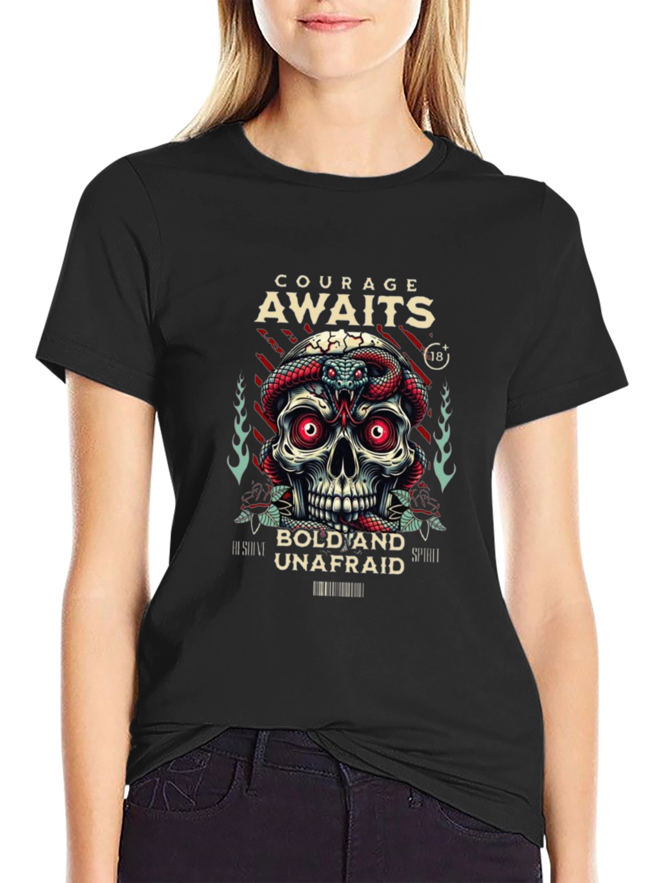 Courage Awaits Graphic Tee - Skull & Snake Design