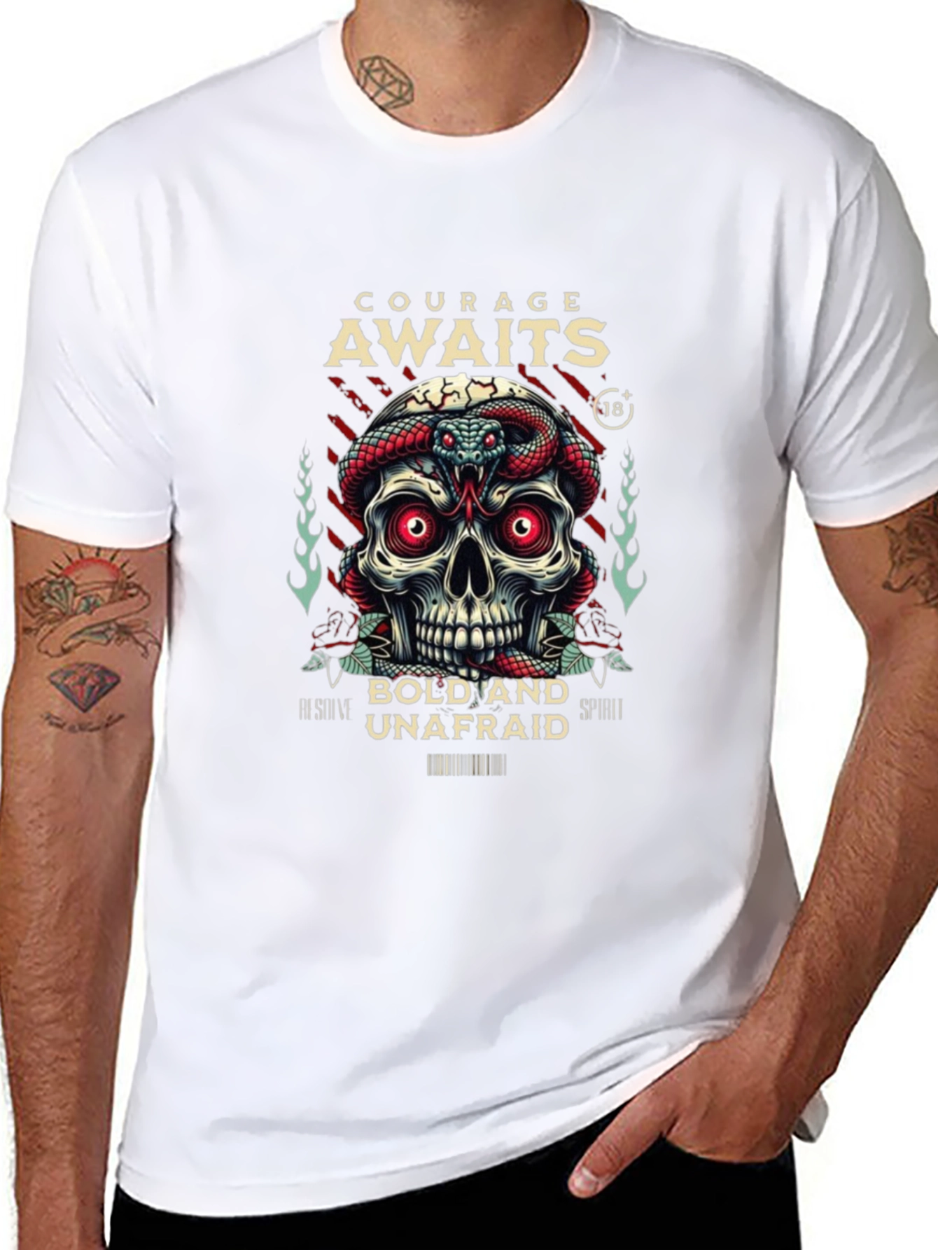 Courage Awaits Graphic Tee - Skull & Snake Design