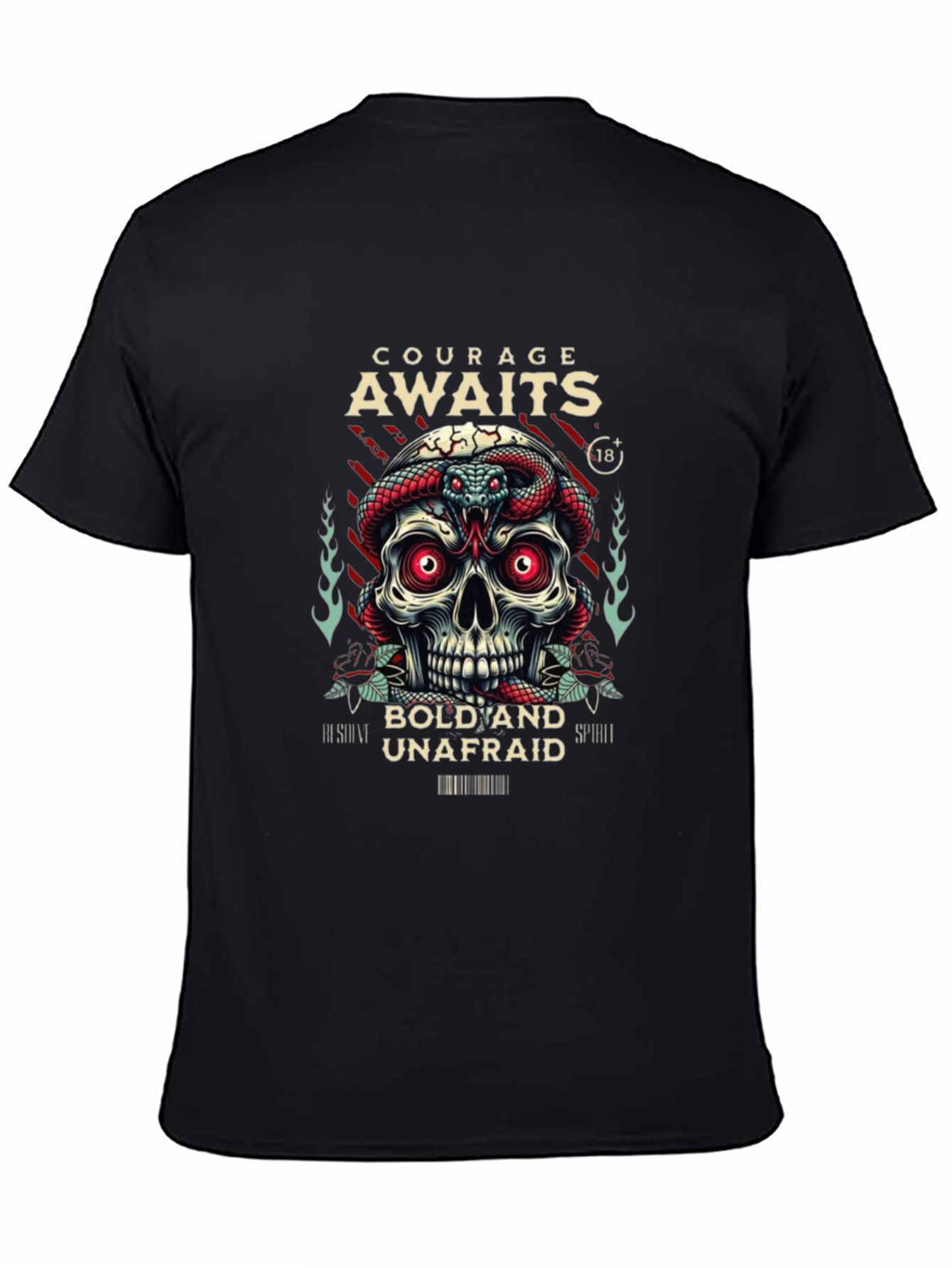 Courage Awaits Graphic Tee - Skull & Snake Design