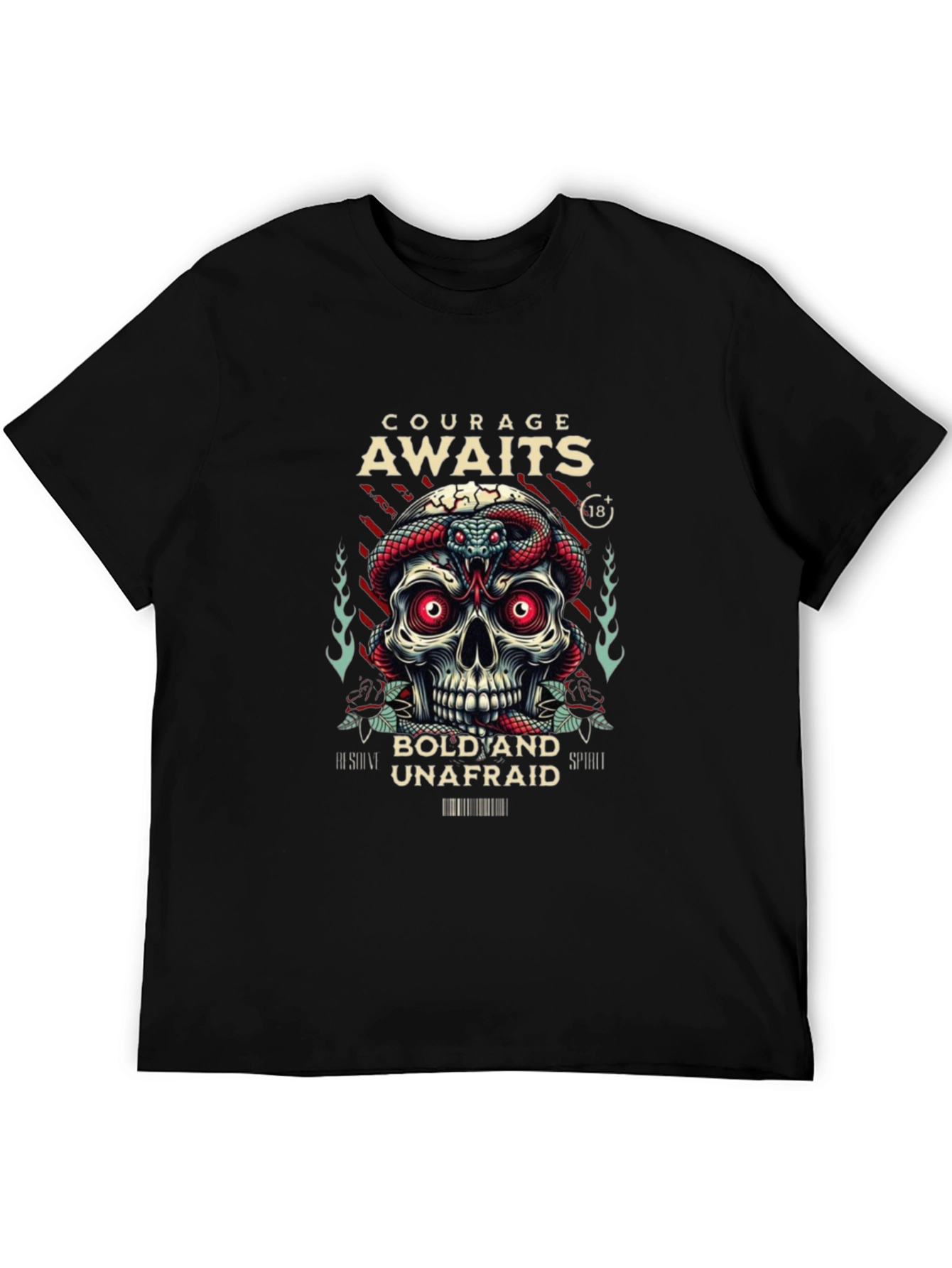Courage Awaits Graphic Tee - Skull & Snake Design