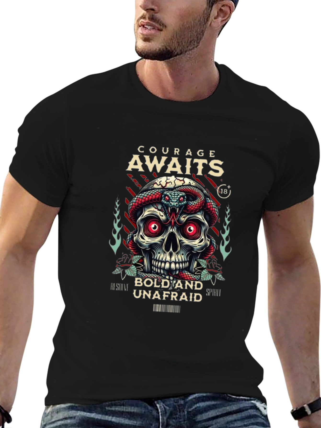 Courage Awaits Graphic Tee - Skull & Snake Design