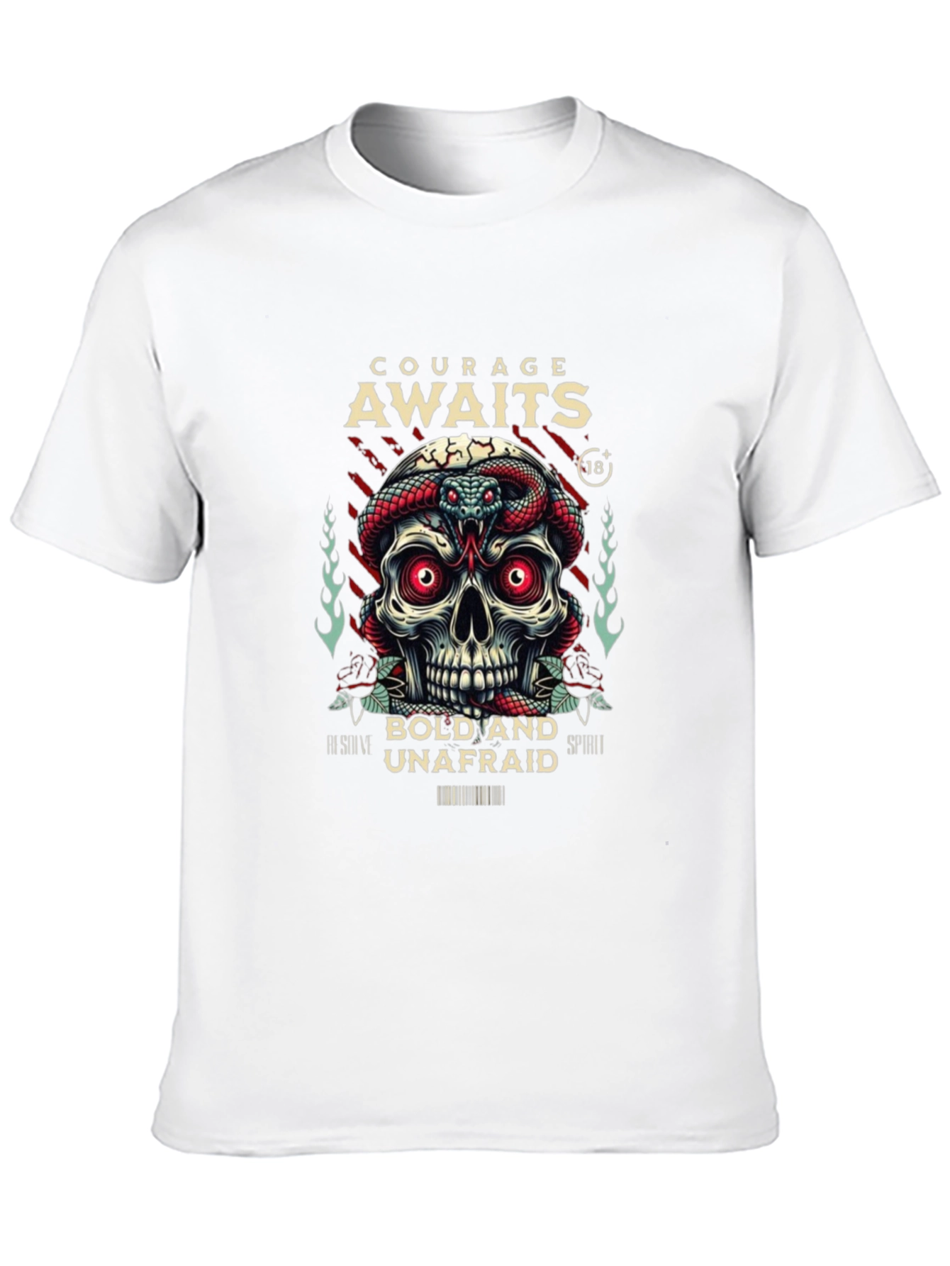 Courage Awaits Graphic Tee - Skull & Snake Design