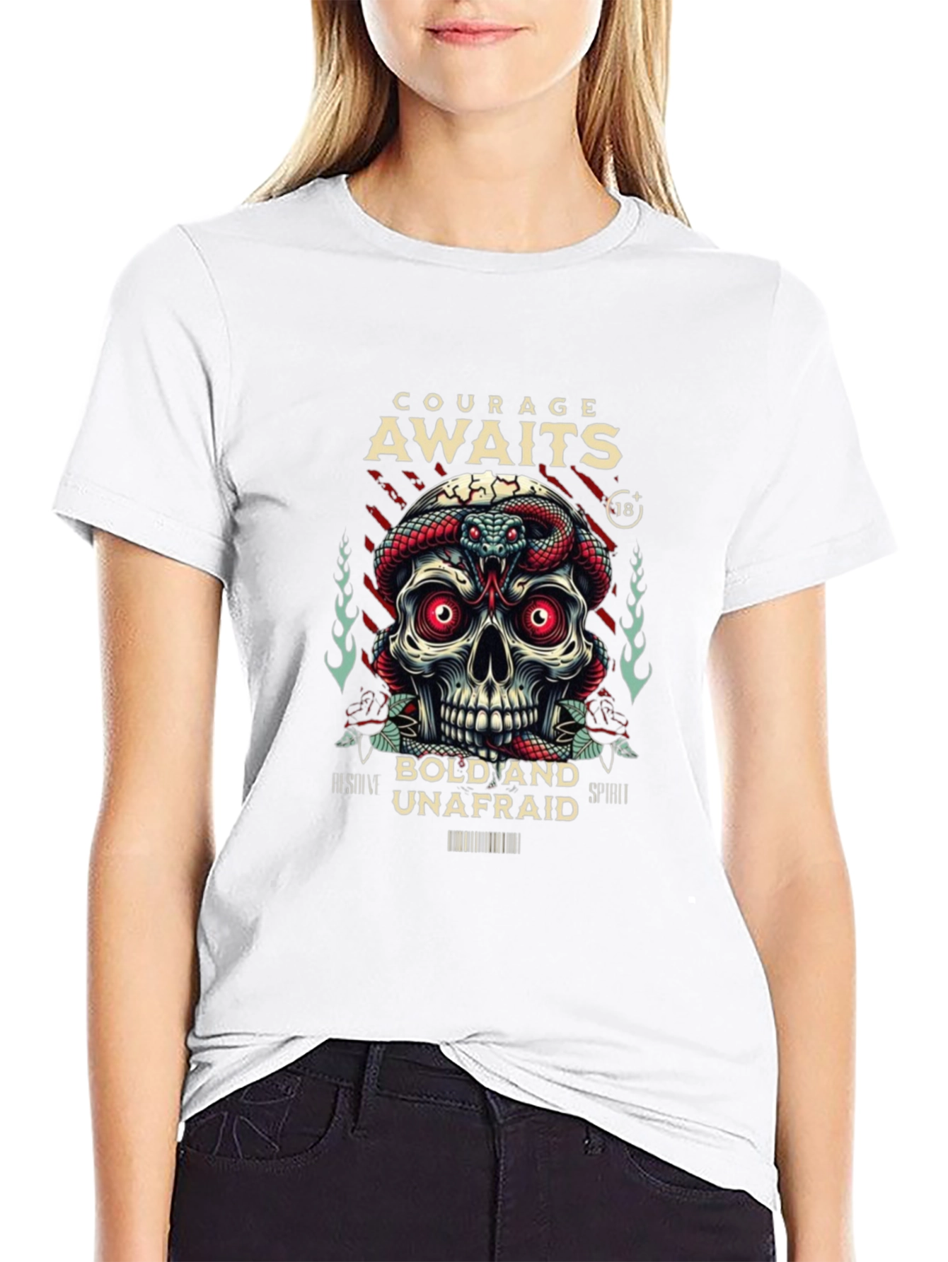 Courage Awaits Graphic Tee - Skull & Snake Design