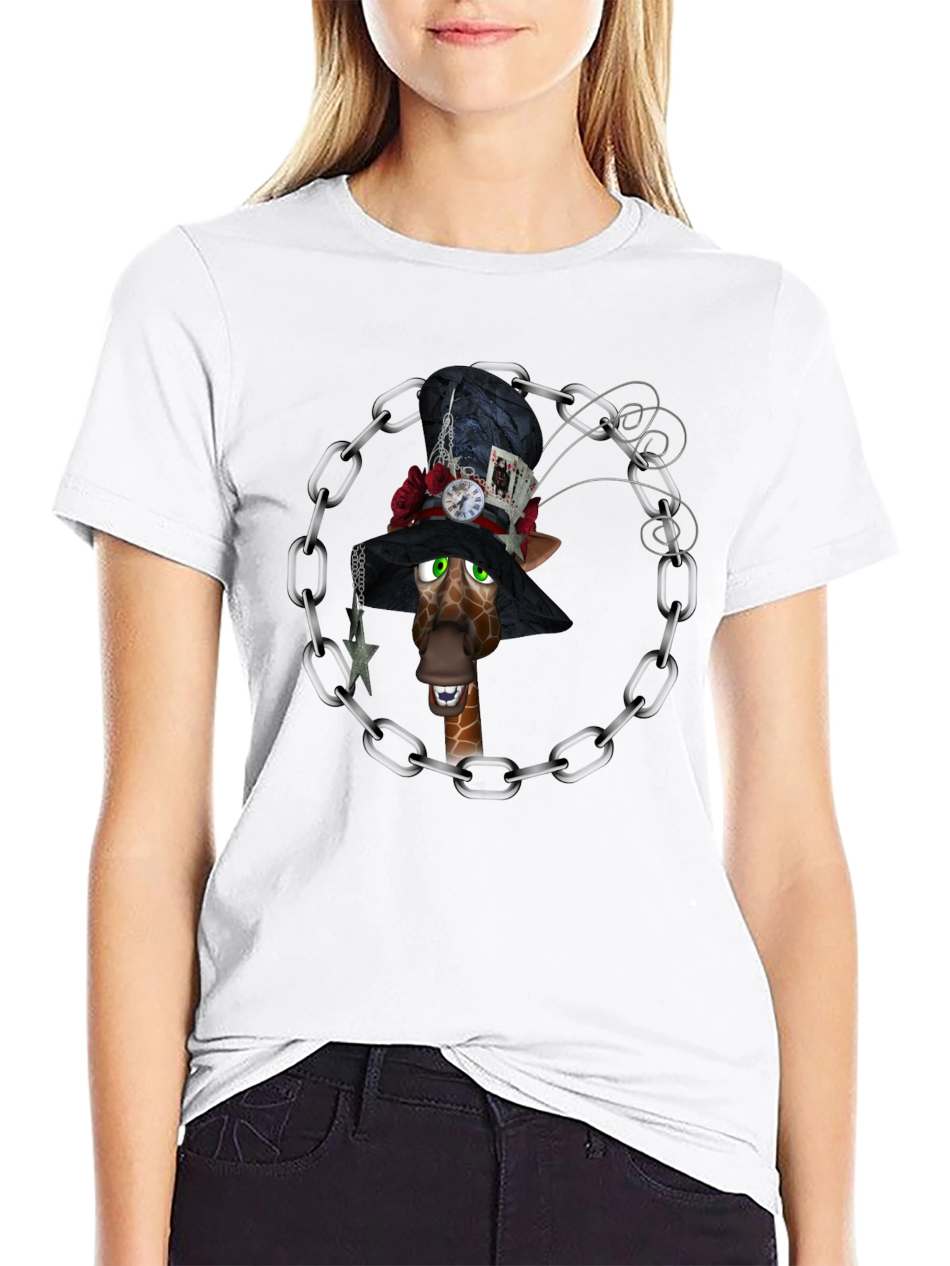Giraffe Mad Hatter T-Shirt Black Cotton Tee