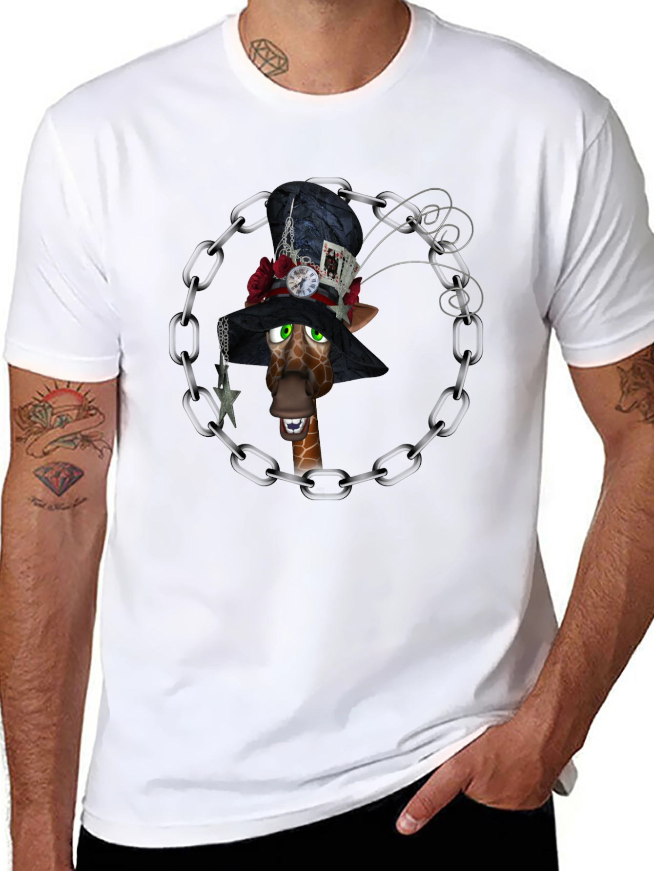 Giraffe Mad Hatter T-Shirt Black Cotton Tee