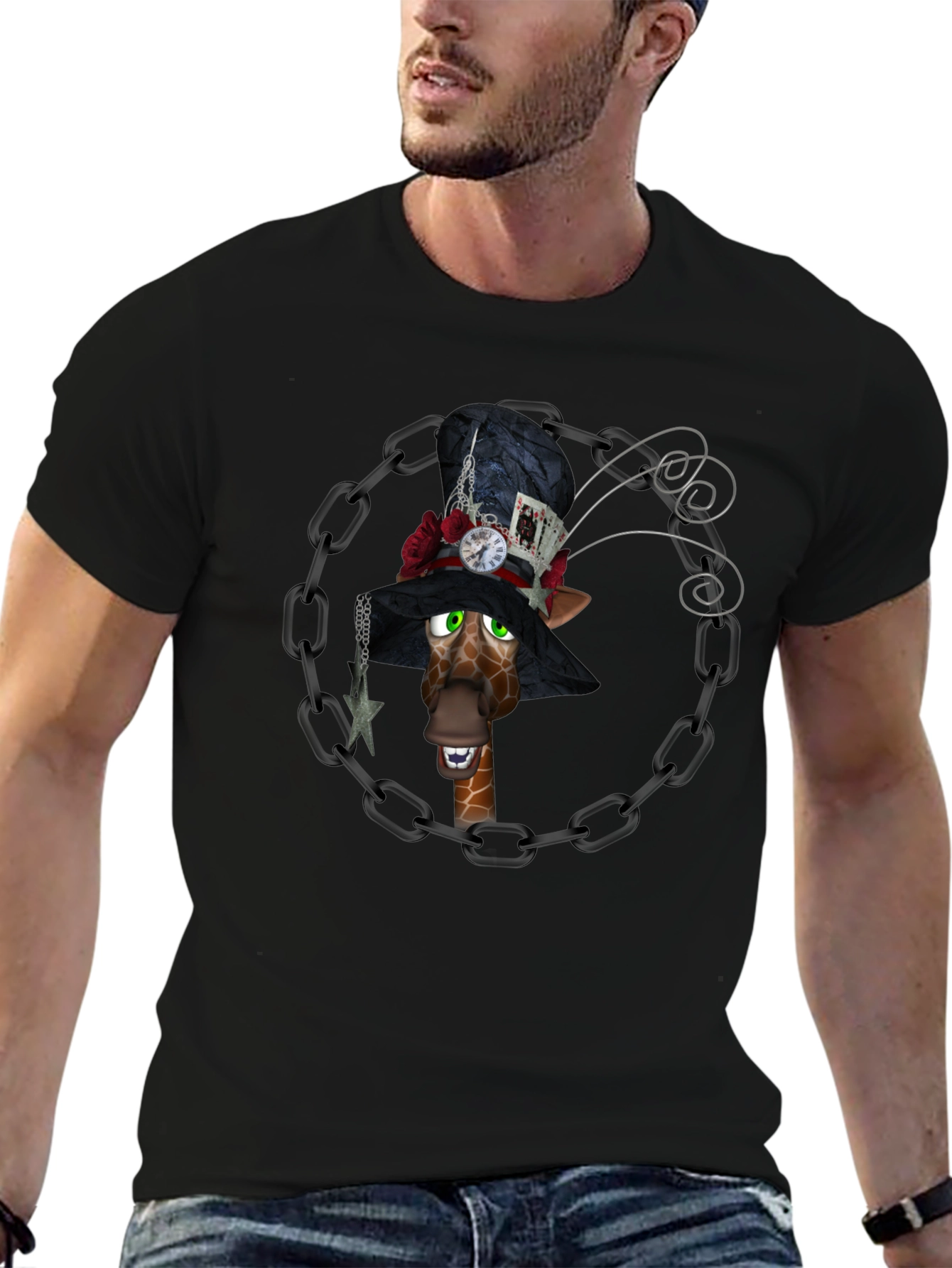 Giraffe Mad Hatter T-Shirt Black Cotton Tee