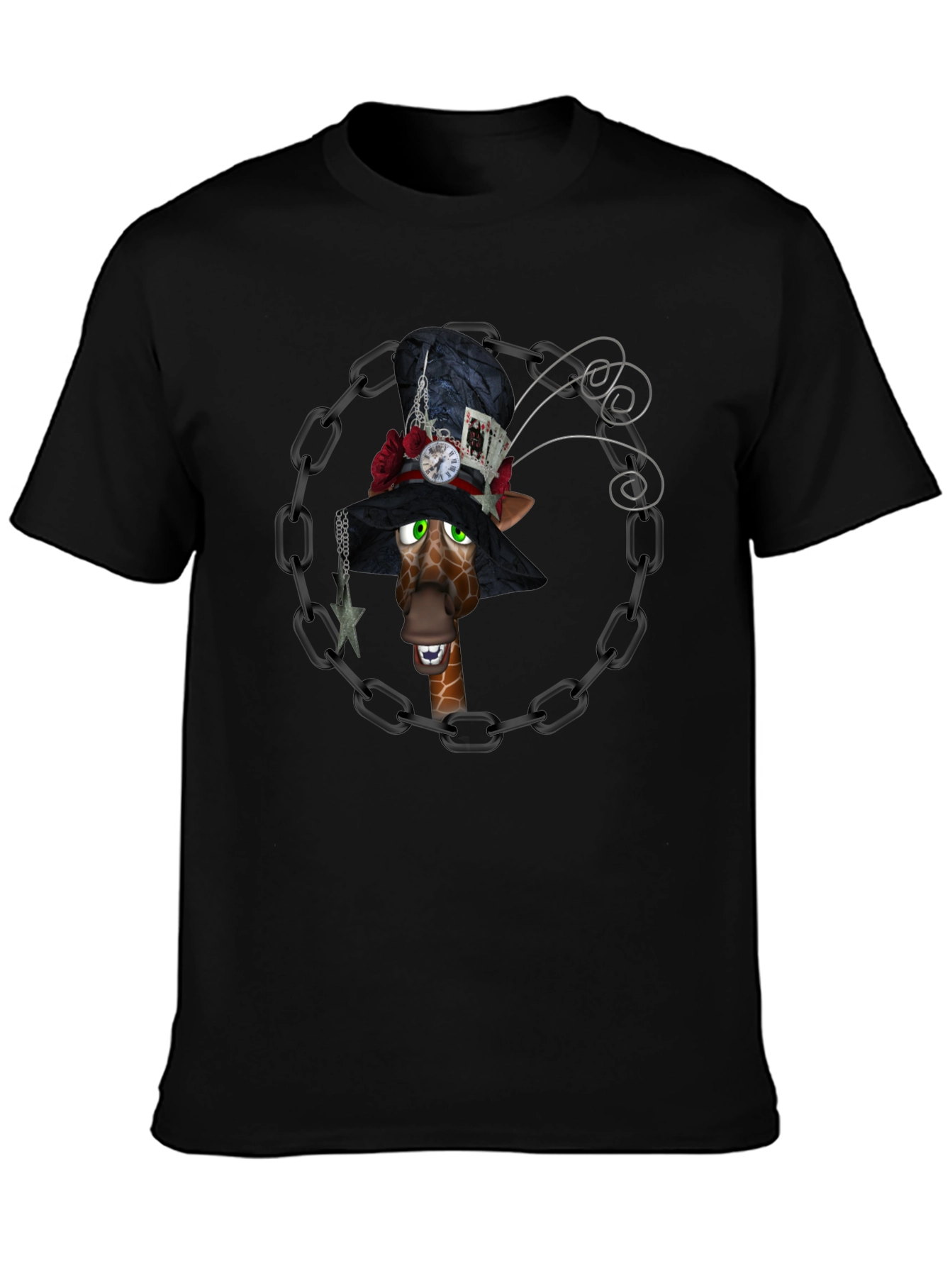 Giraffe Mad Hatter T-Shirt Black Cotton Tee