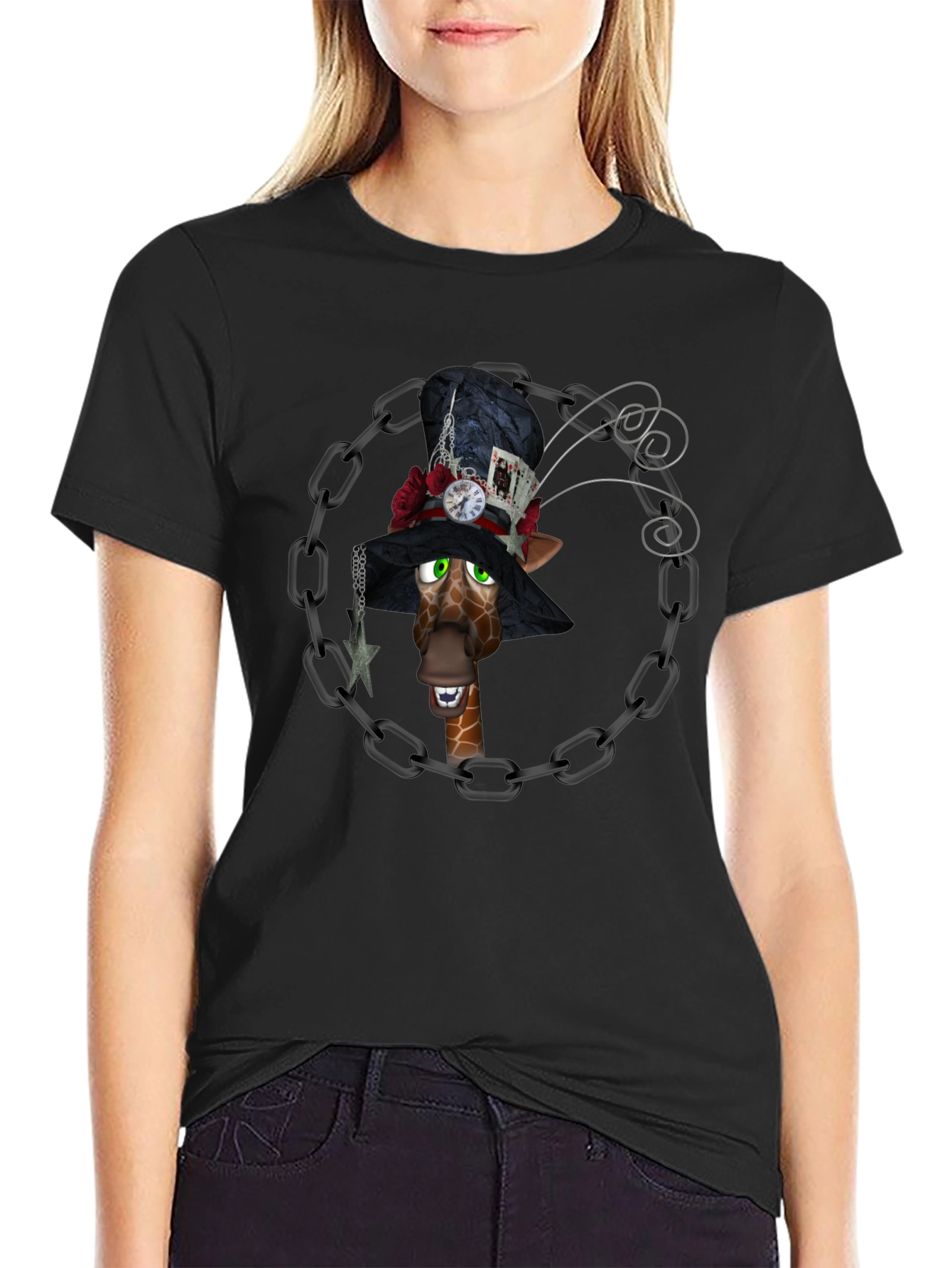 Giraffe Mad Hatter T-Shirt Black Cotton Tee