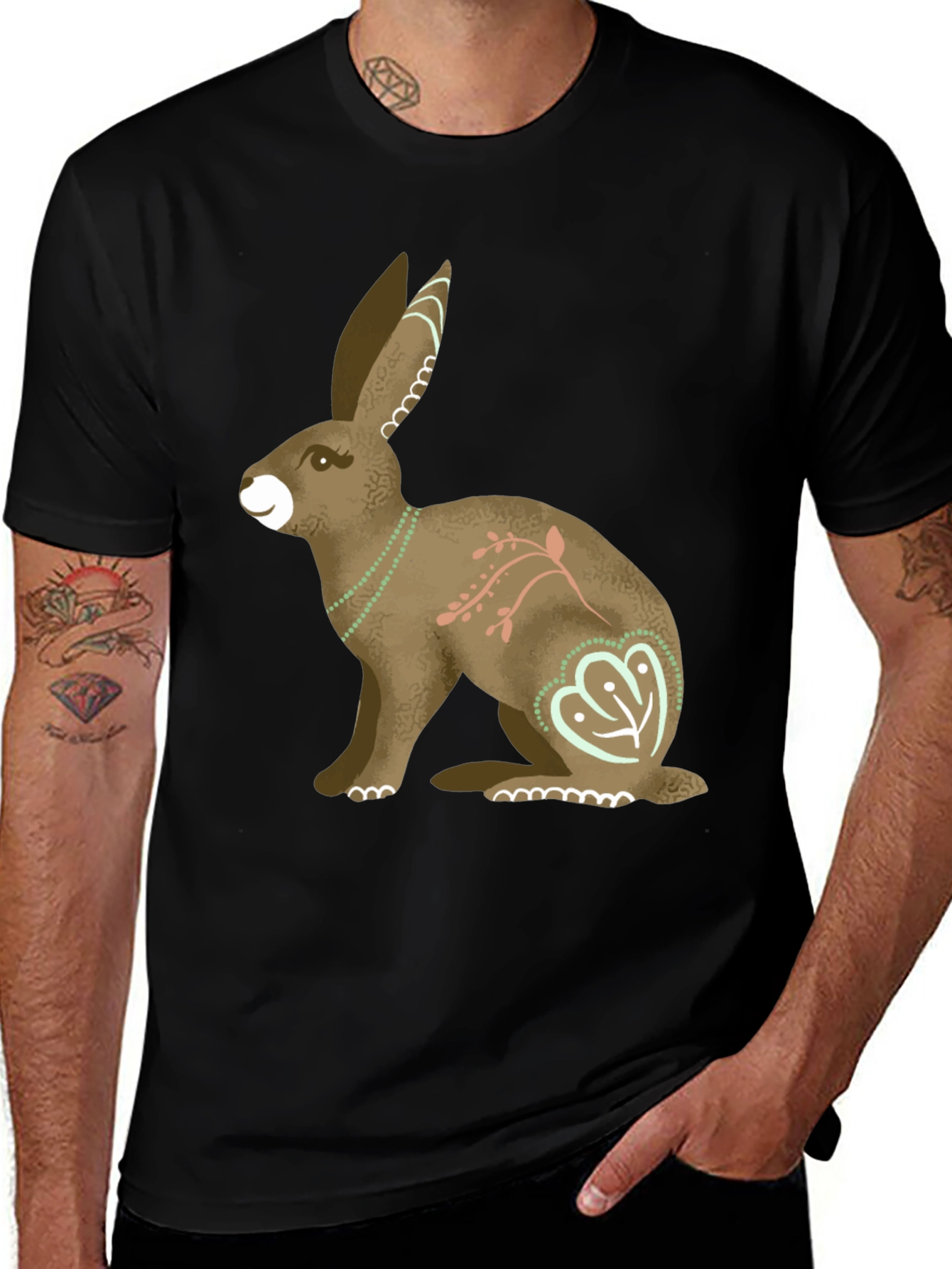 Hare Graphic Print Mens T-Shirt - Black