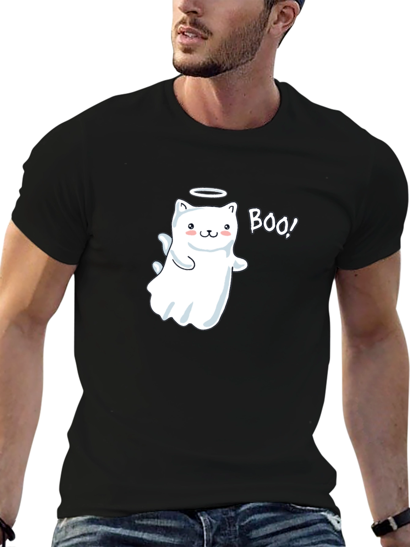 Cute Ghost Cat Boo! Black T-Shirt