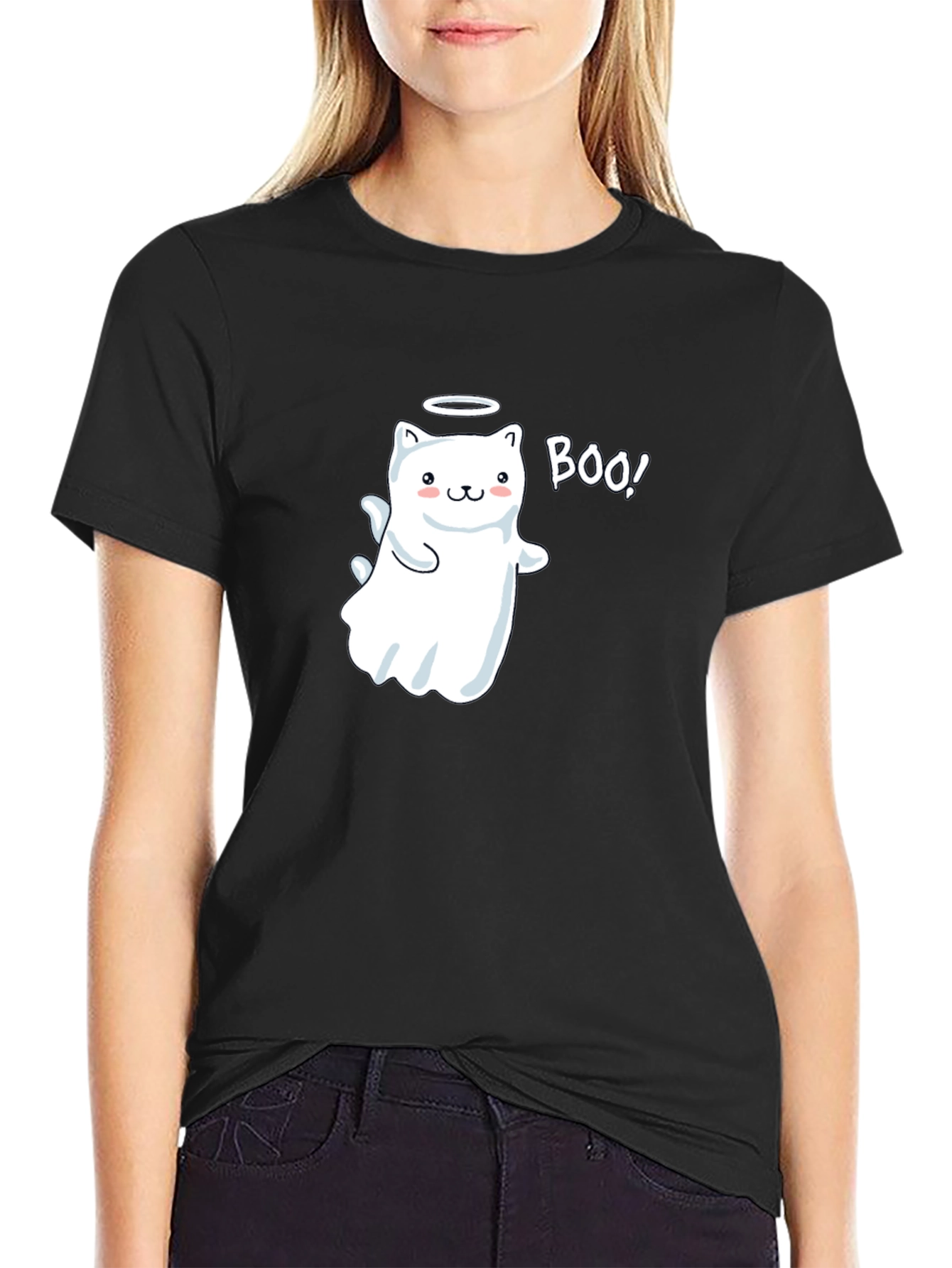 Cute Ghost Cat Boo! Black T-Shirt