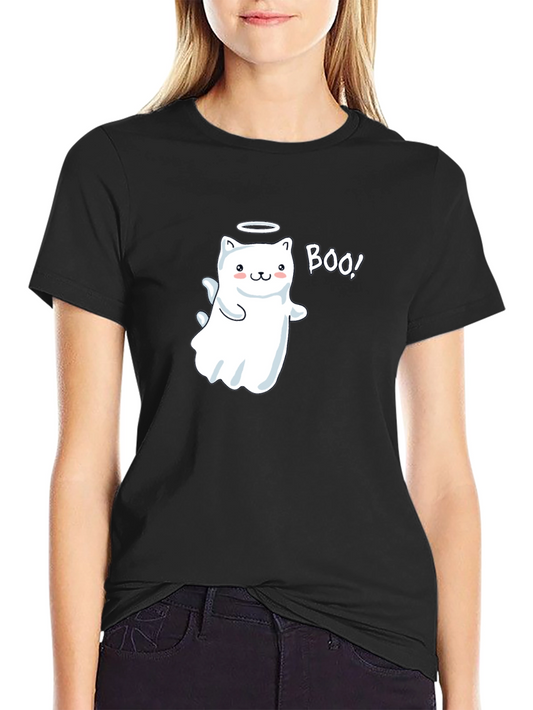 Cute Ghost Cat Boo! Black T-Shirt