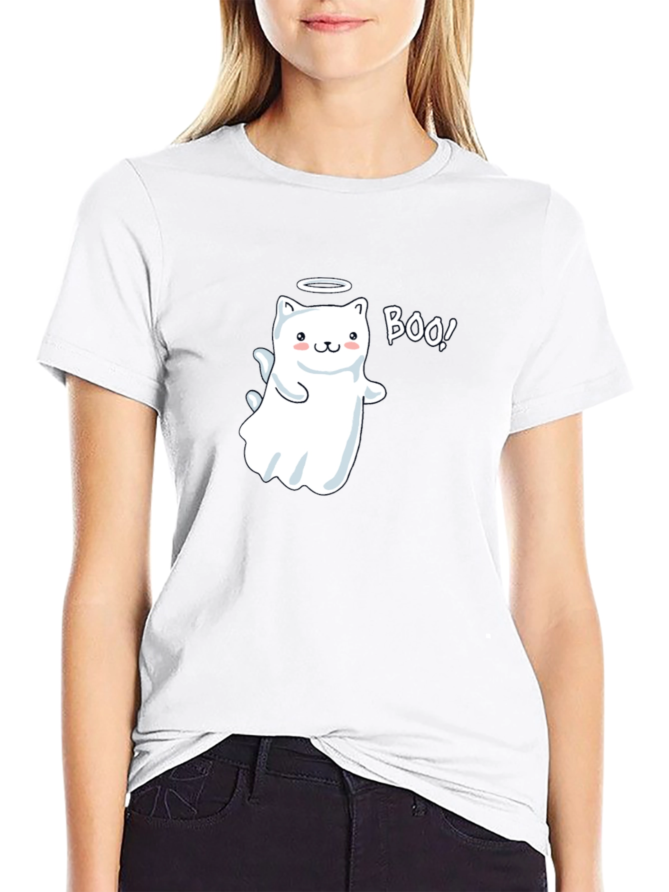 Cute Ghost Cat Boo! Black T-Shirt