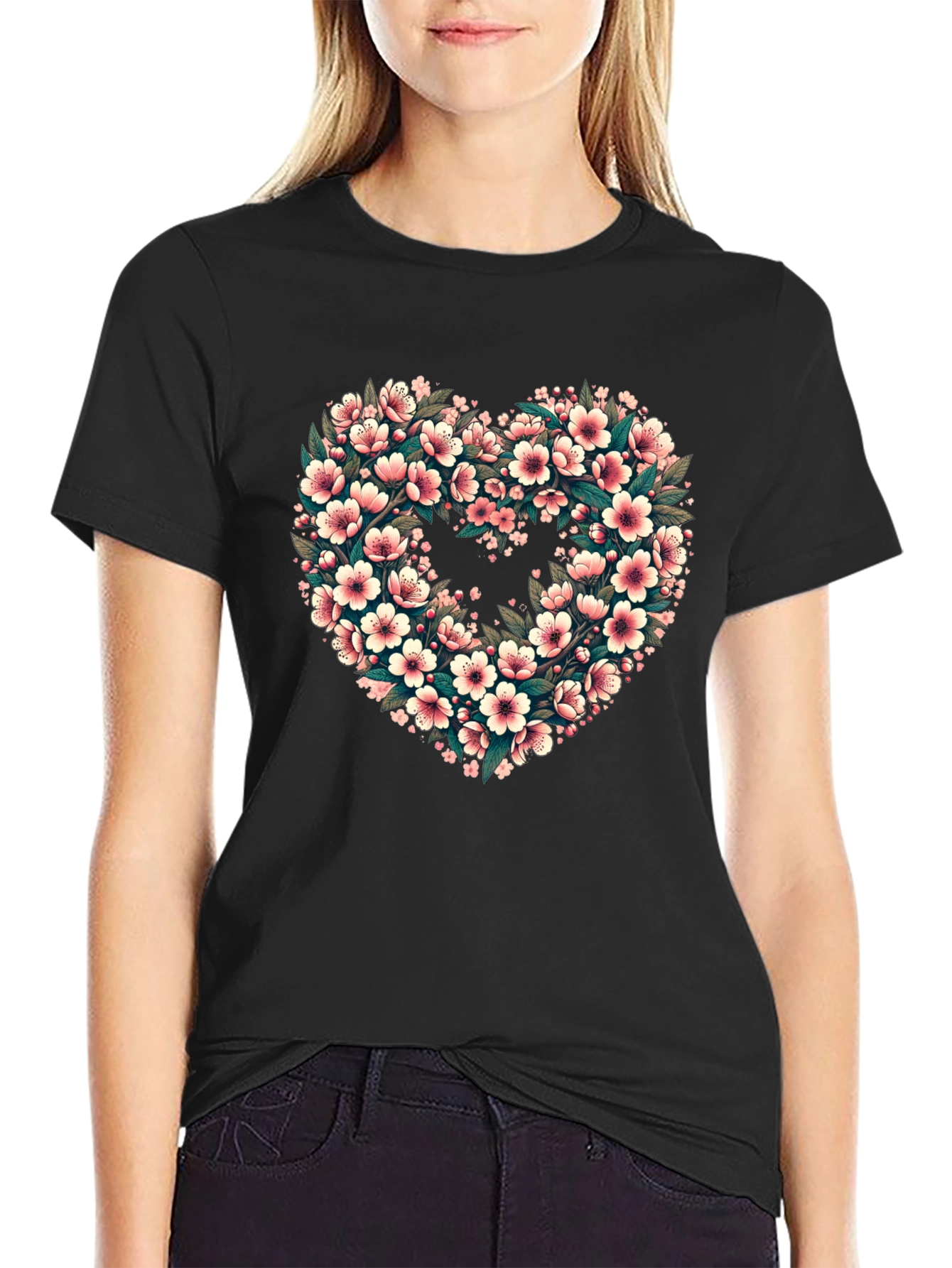 Floral Heart Tee - Black Graphic T-Shirt