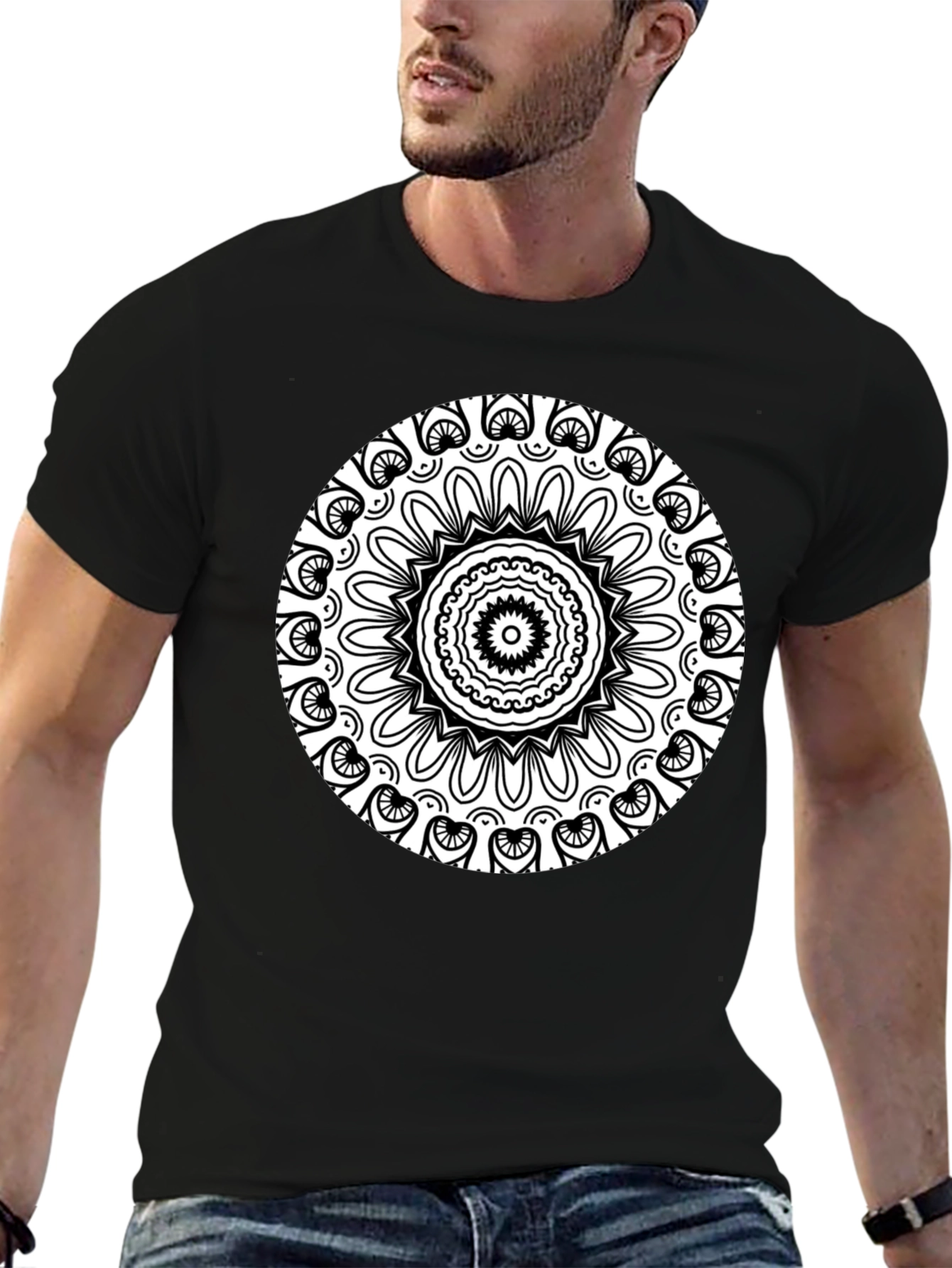 Black T-Shirt with Intricate Mandala Design