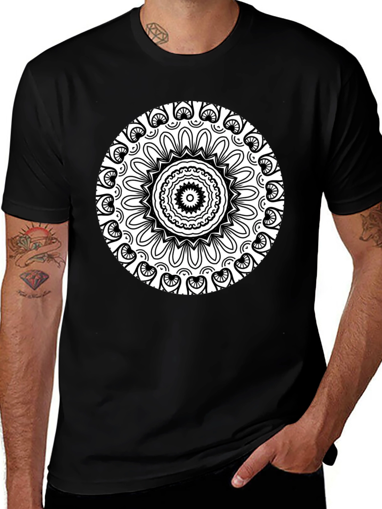 Black T-Shirt with Intricate Mandala Design