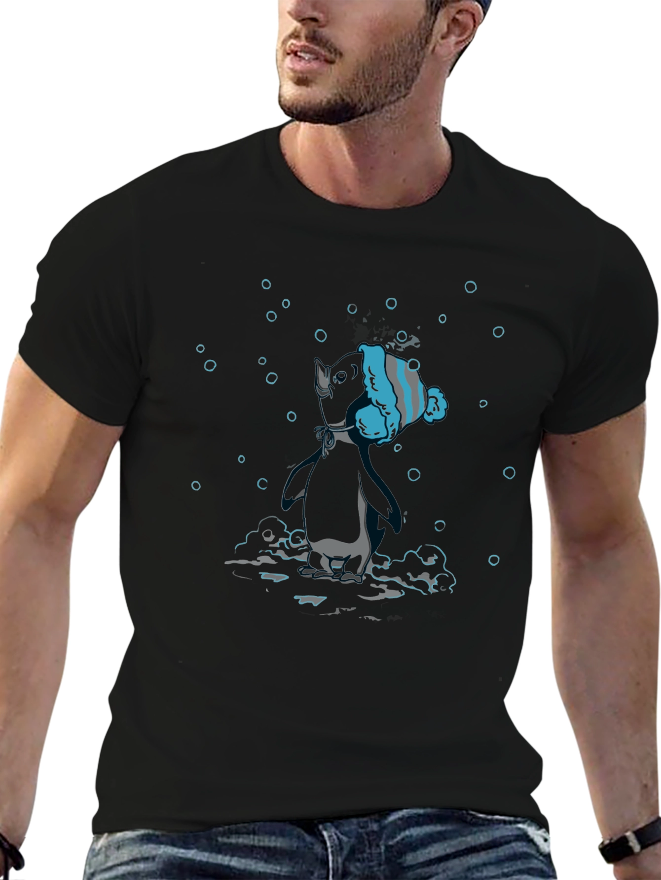 Unique Black T-Shirt with Diving Penguin Design