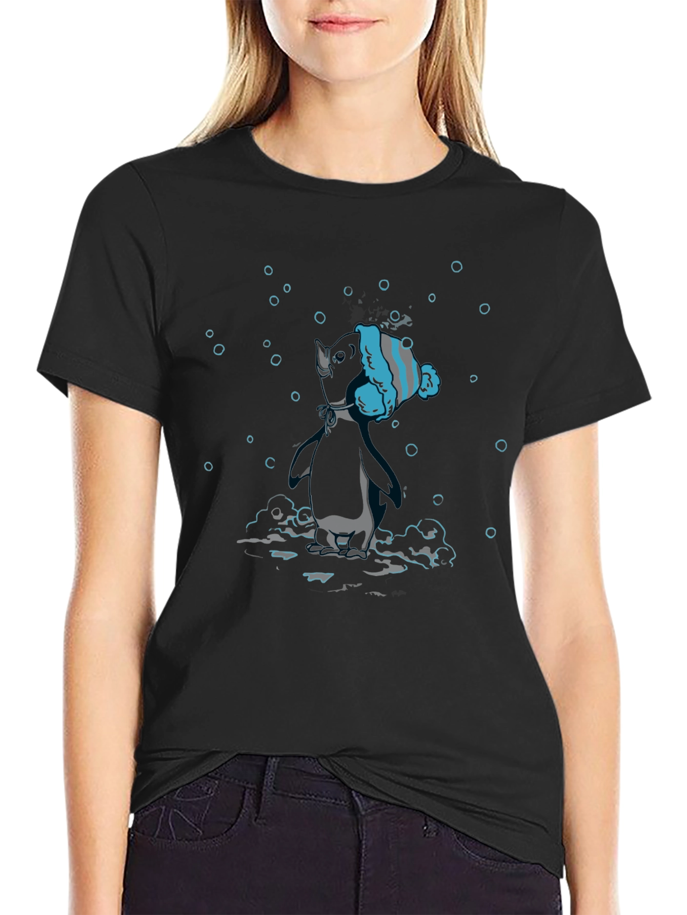 Unique Black T-Shirt with Diving Penguin Design