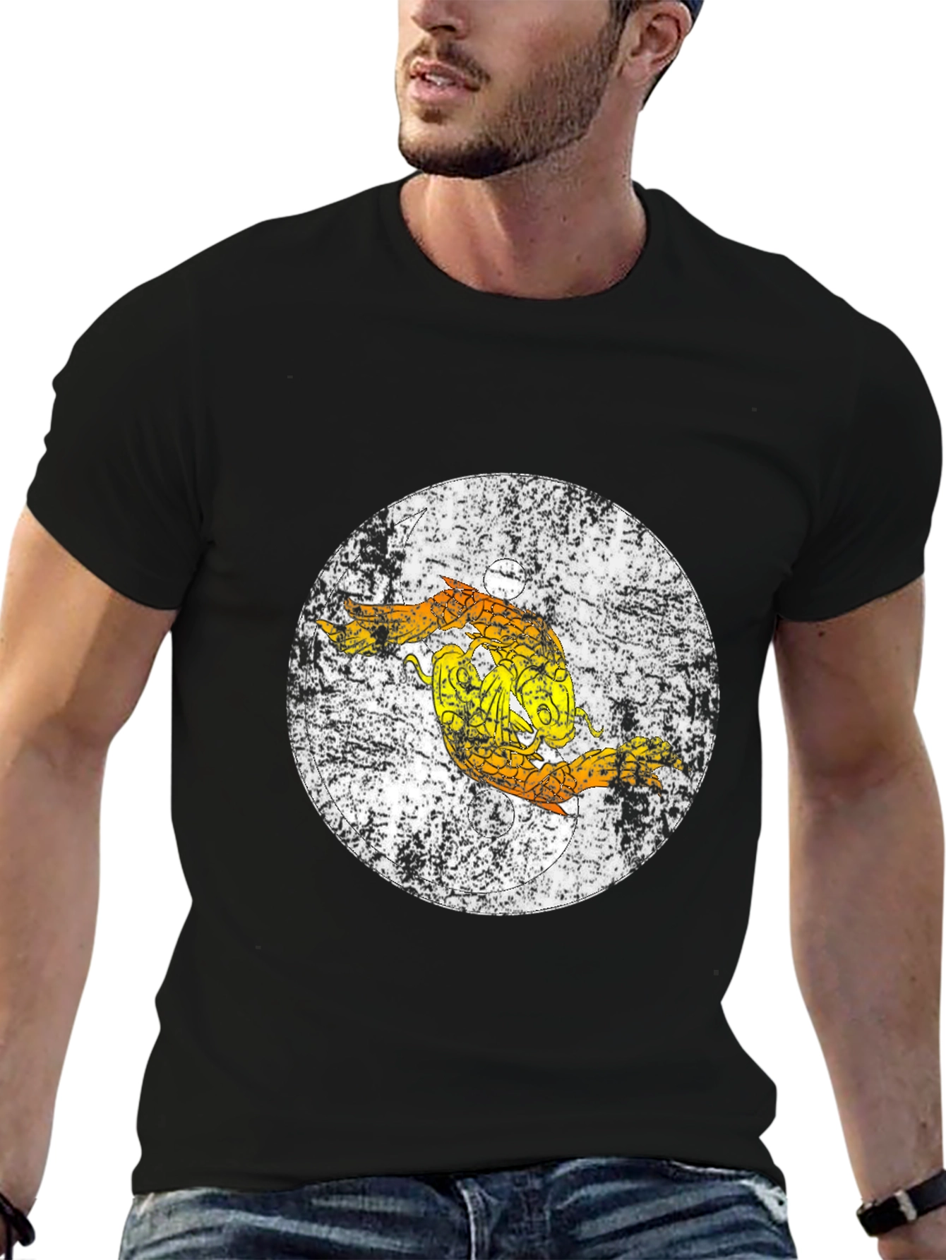 Distressed Pisces Zodiac Graphic Tee - Black