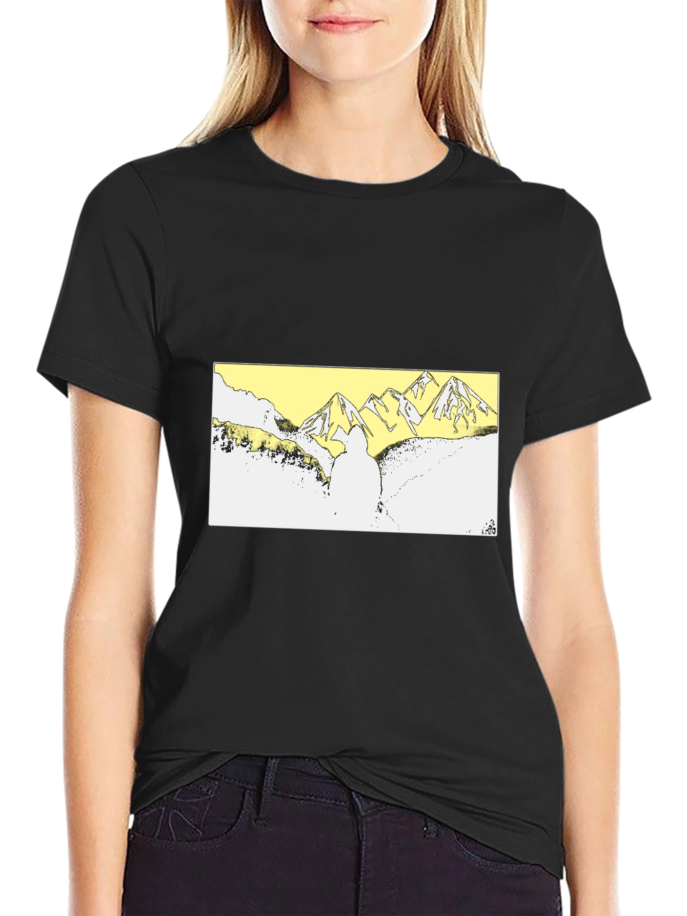 Black T-Shirt with Mountain Landscape Graphic
