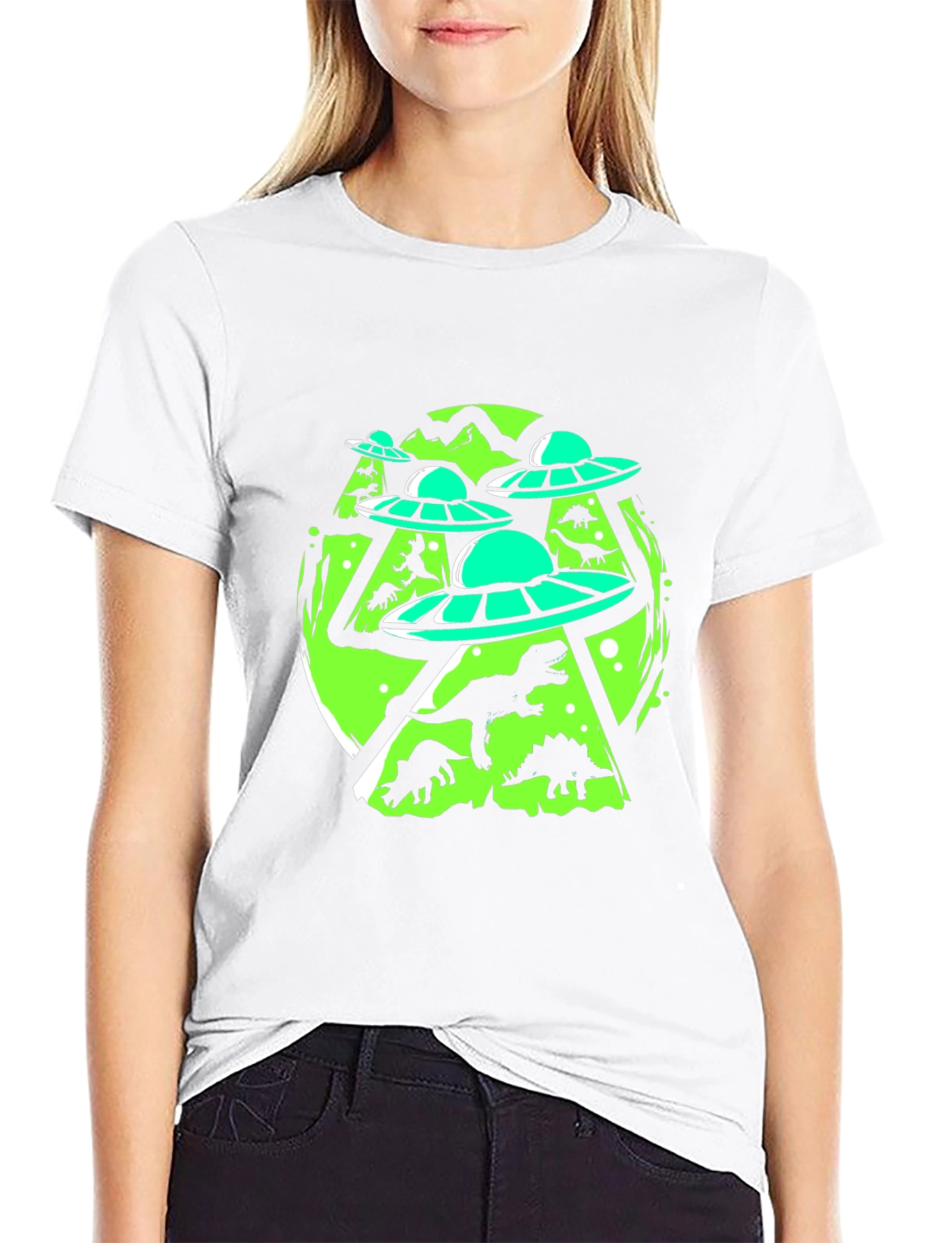 UFO Dinosaur Graphic Tee - Black Cotton Blend