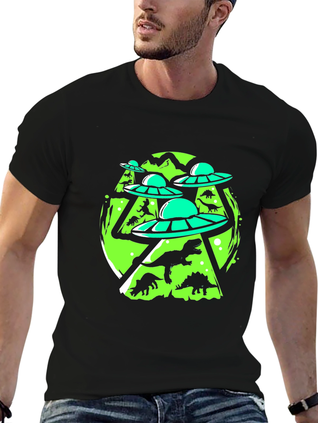UFO Dinosaur Graphic Tee - Black Cotton Blend