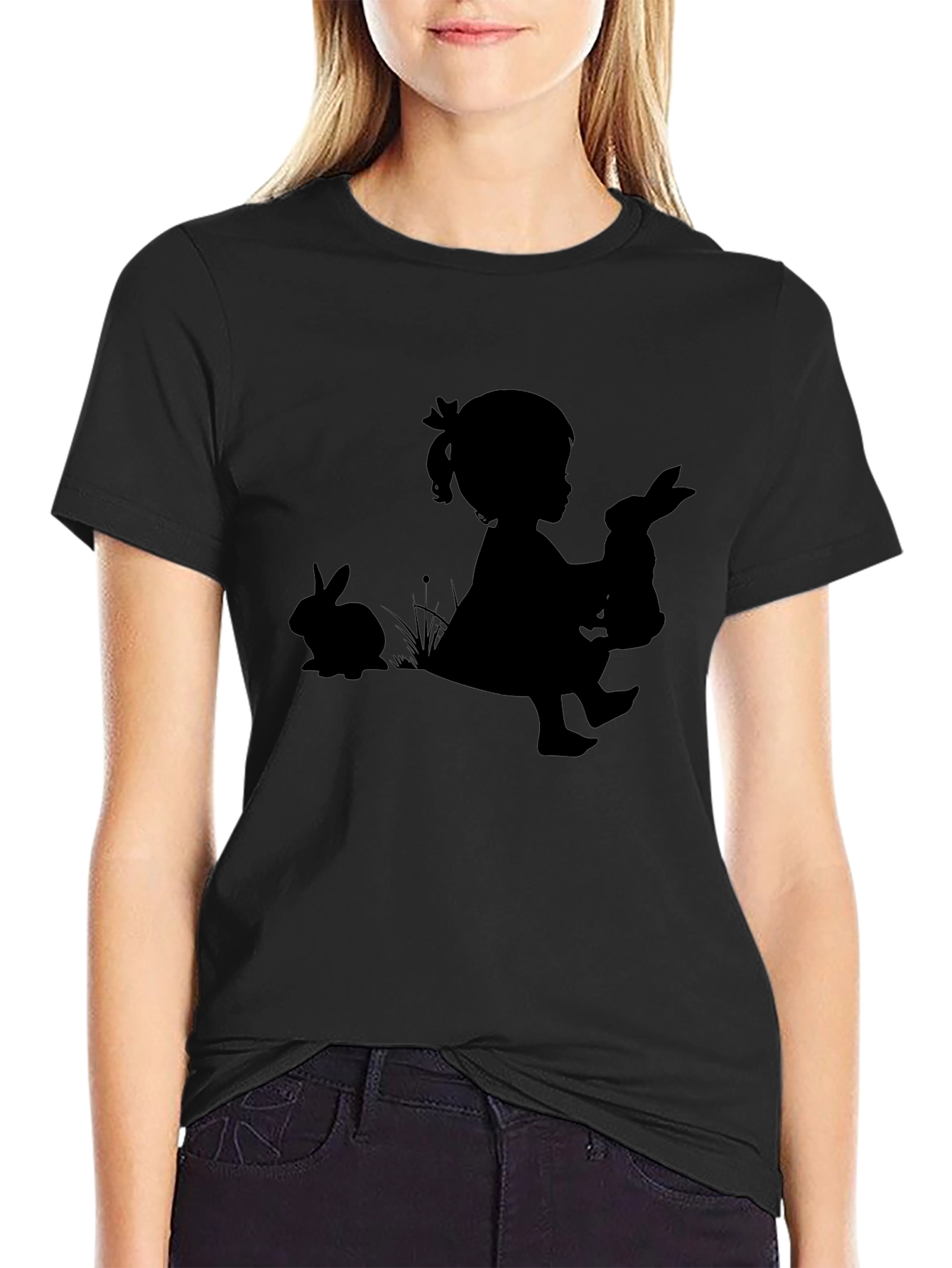Girl with Bunnies Black T-Shirt