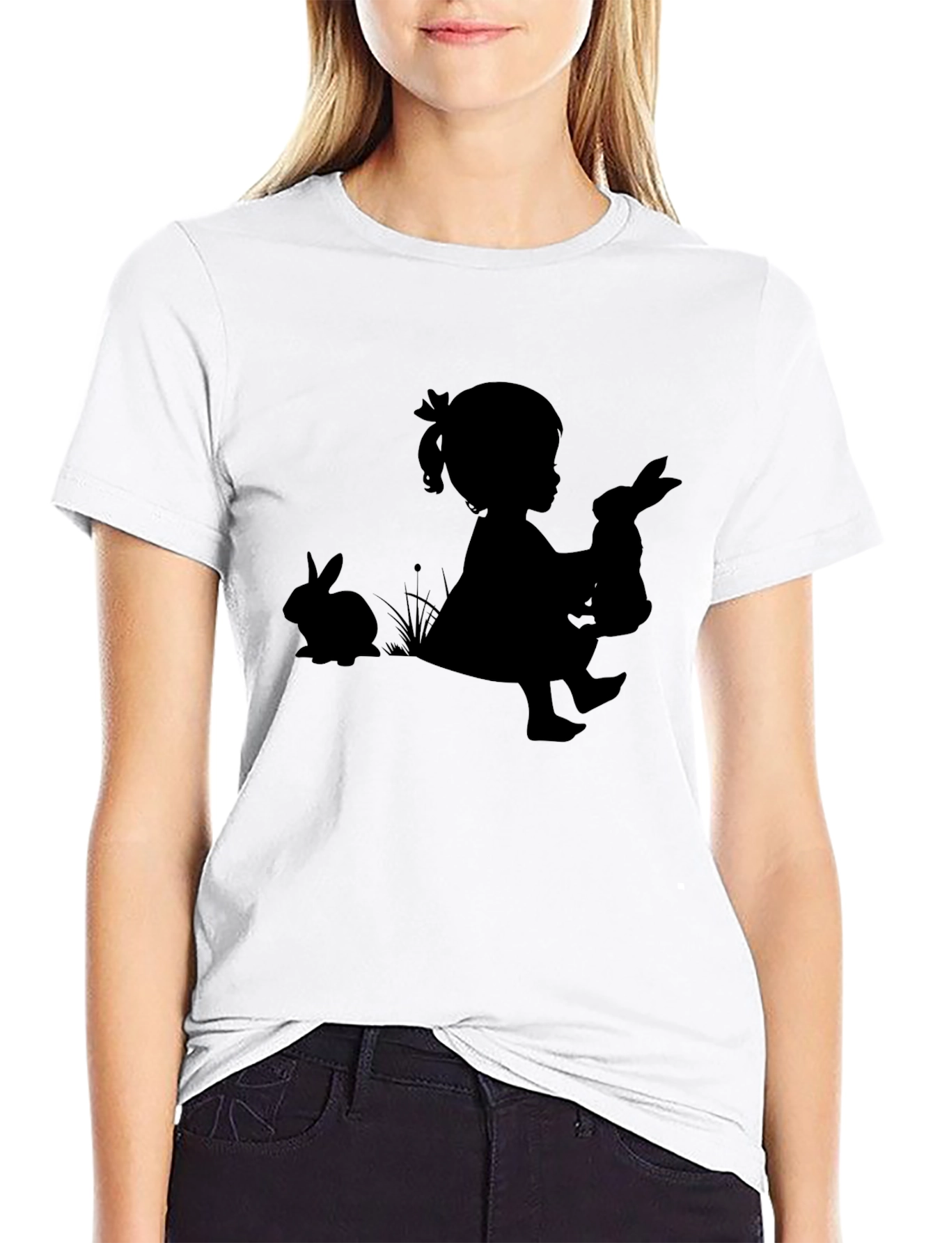 Girl with Bunnies Black T-Shirt