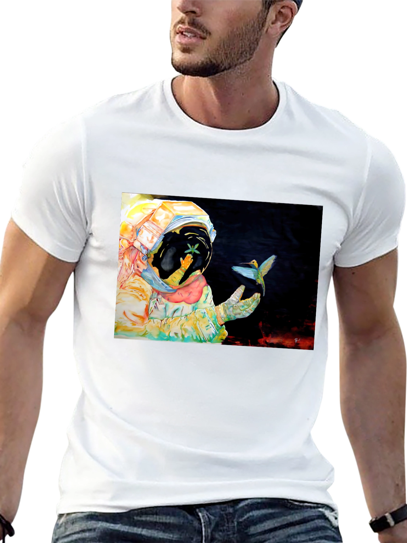 Astronaut & Hummingbird Graphic T-Shirt - Black