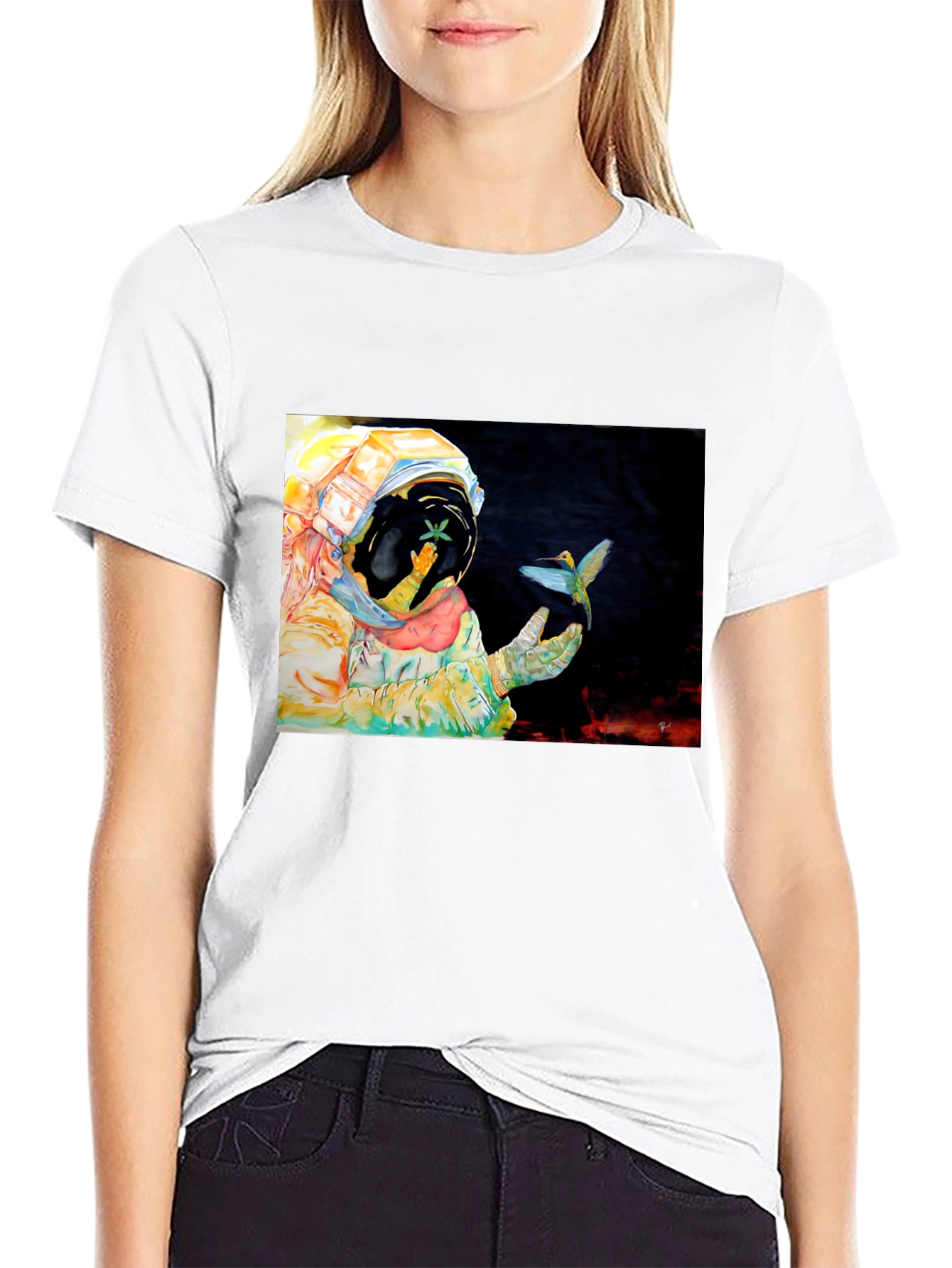 Astronaut & Hummingbird Graphic T-Shirt - Black