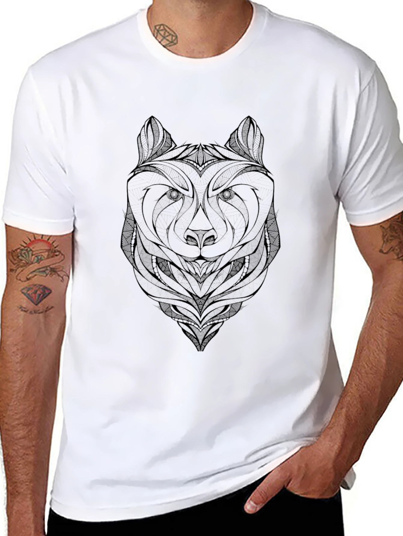 Geometric Wolf Graphic Tee - Black Casual Shirt
