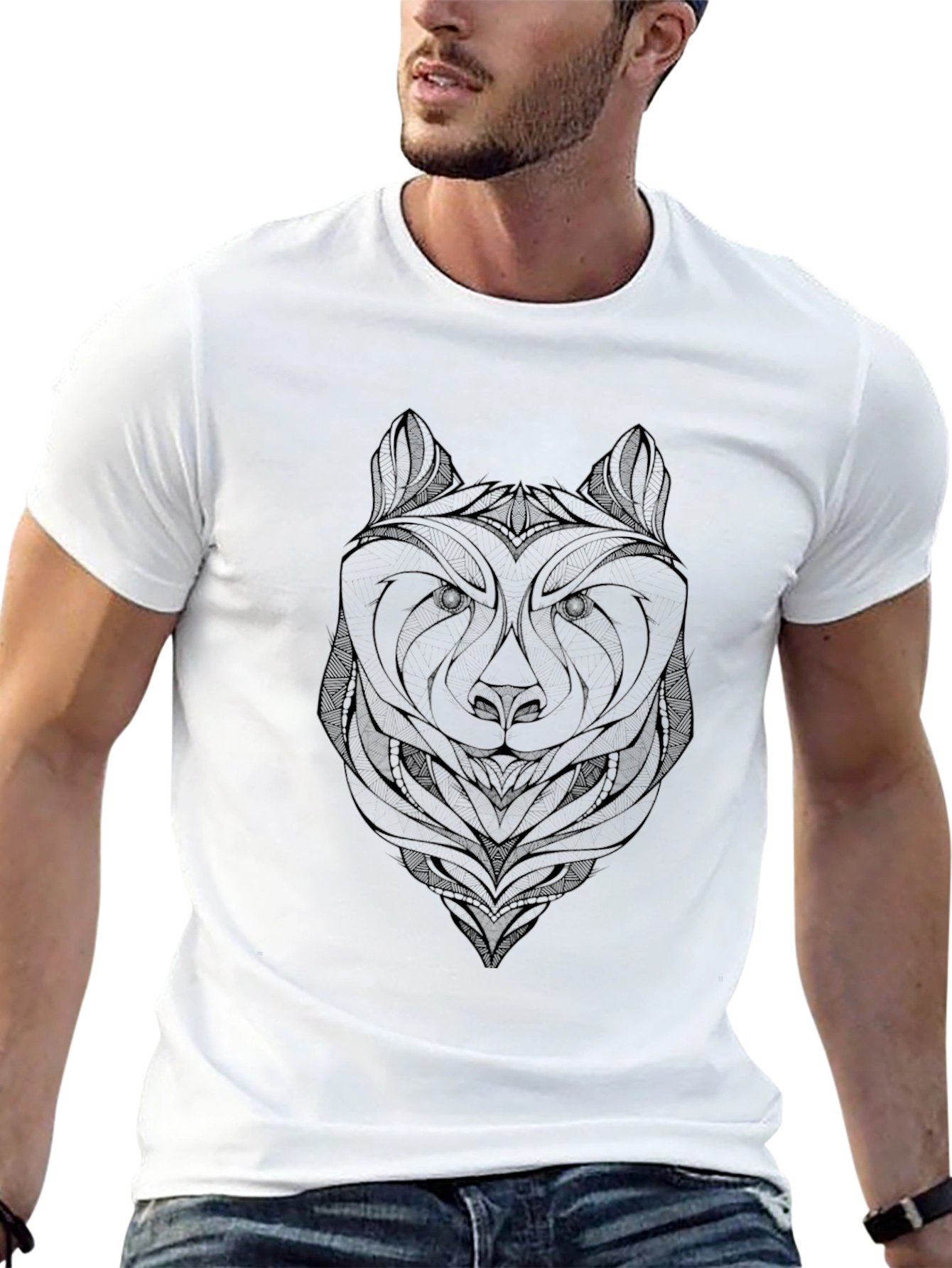 Geometric Wolf Graphic Tee - Black Casual Shirt