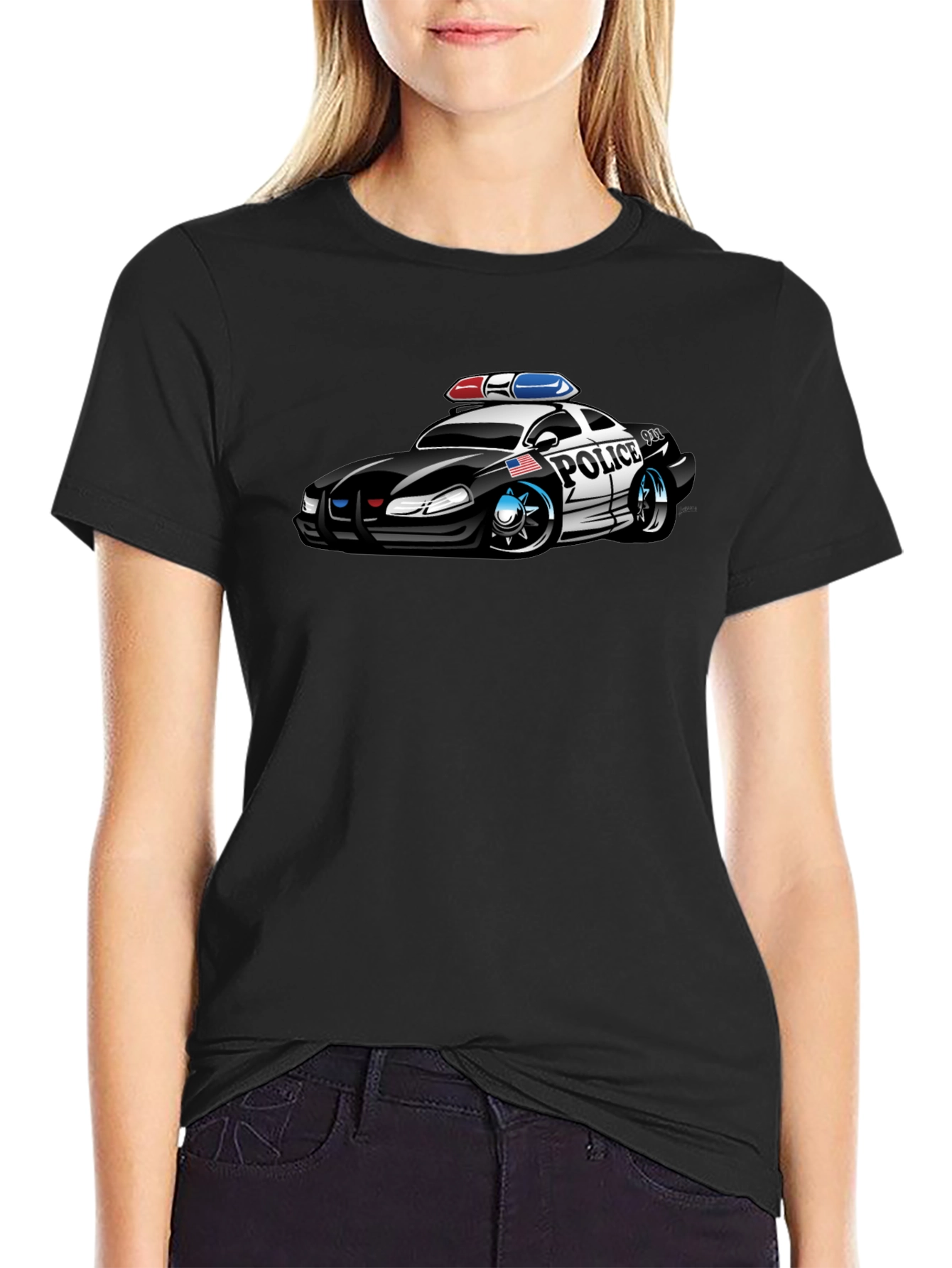 Black Caricature Police Car T-Shirt