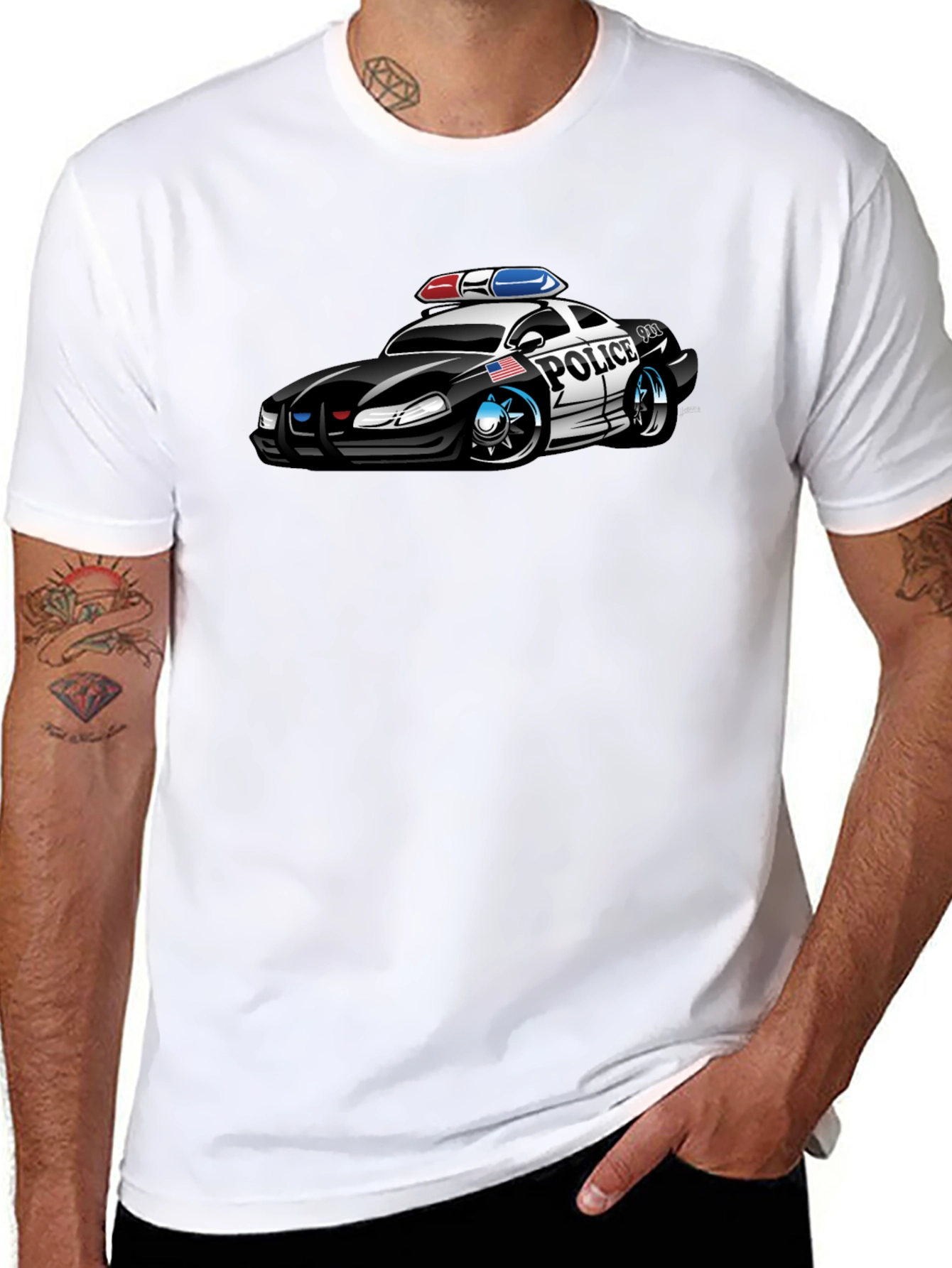 Black Caricature Police Car T-Shirt