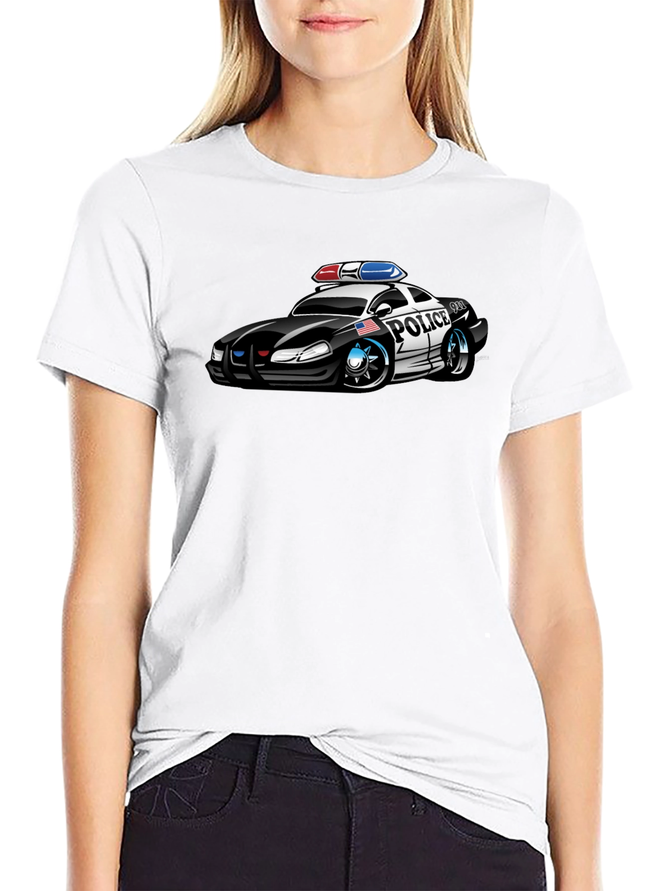 Black Caricature Police Car T-Shirt
