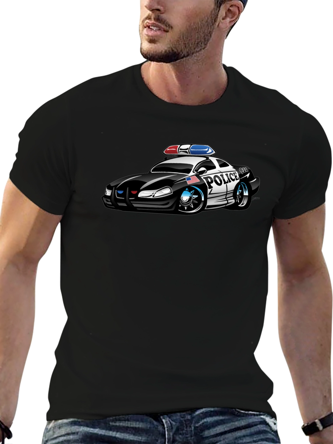 Black Caricature Police Car T-Shirt