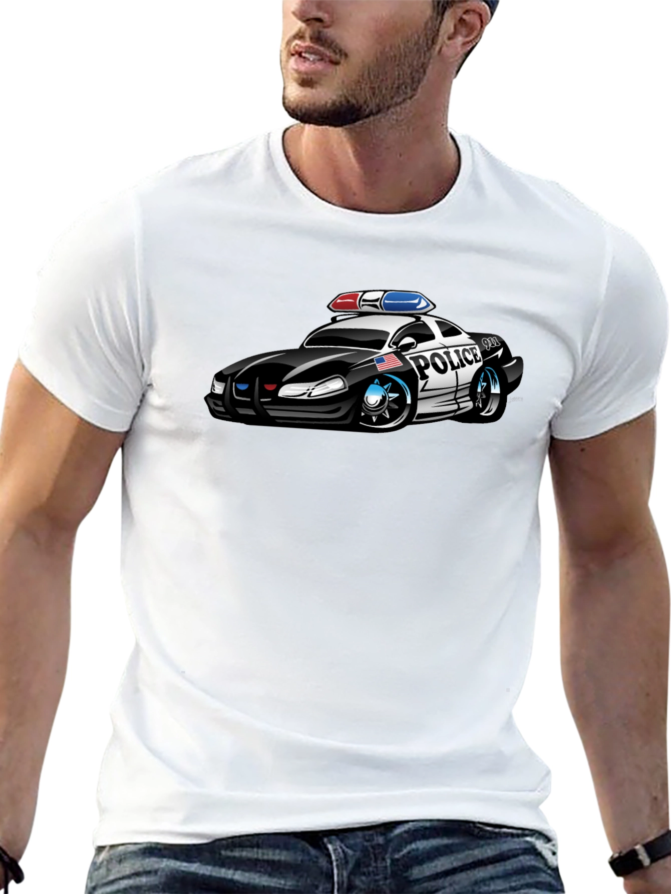 Black Caricature Police Car T-Shirt