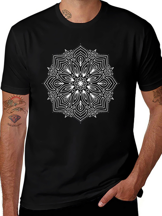 Black T-Shirt with White Mandala Design