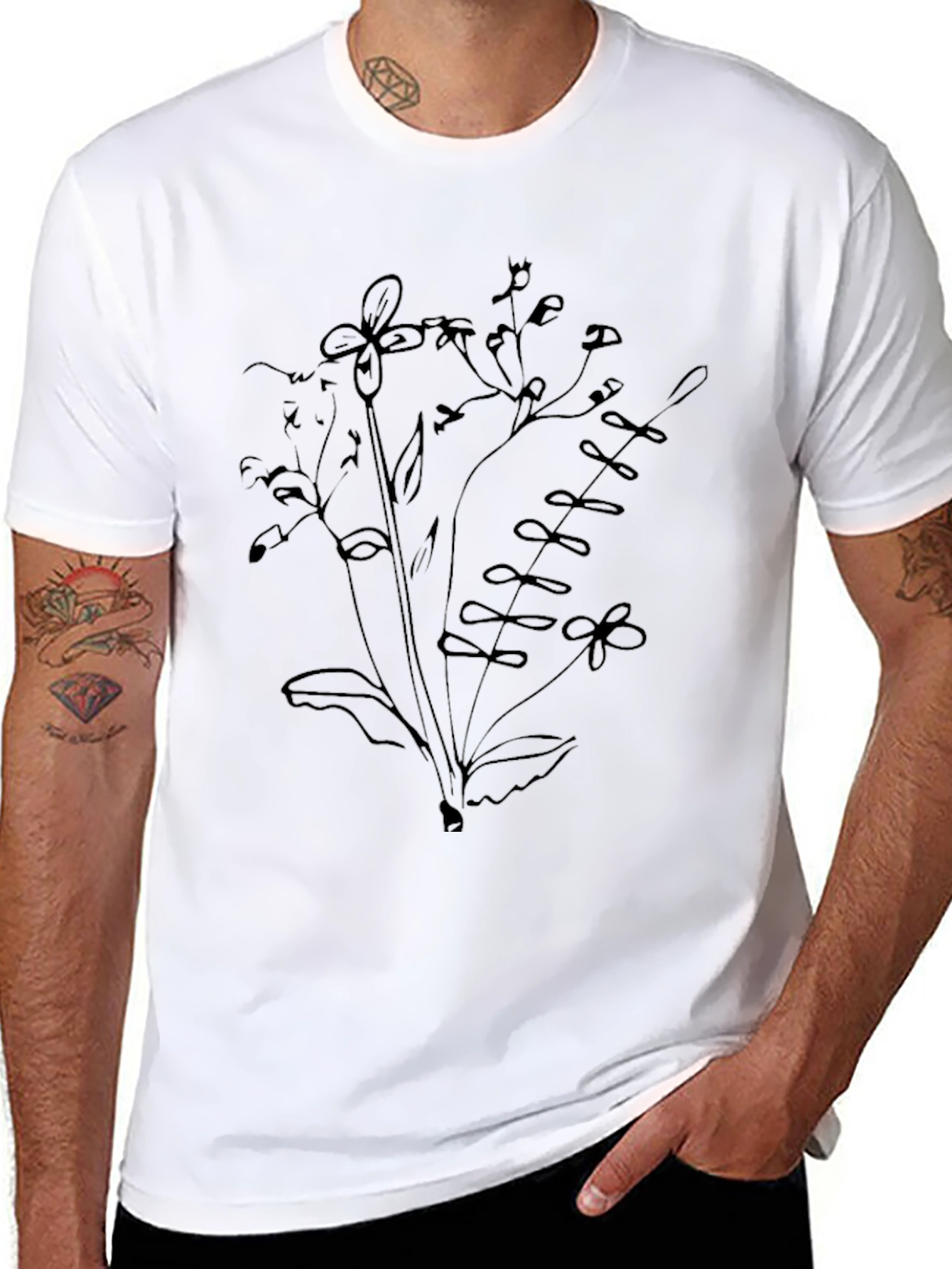 Mens Black T-Shirt with Floral Sketch Design