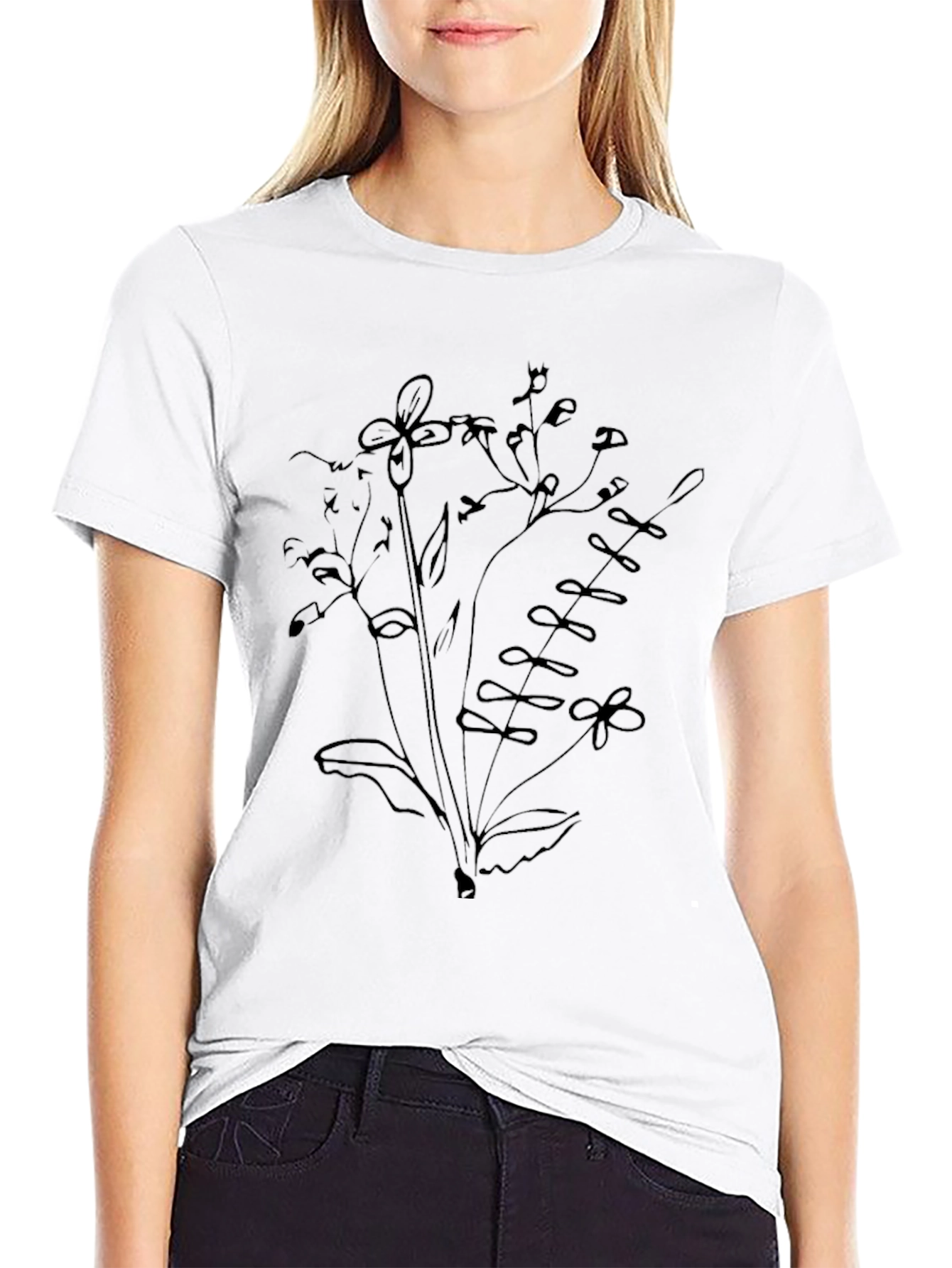 Mens Black T-Shirt with Floral Sketch Design