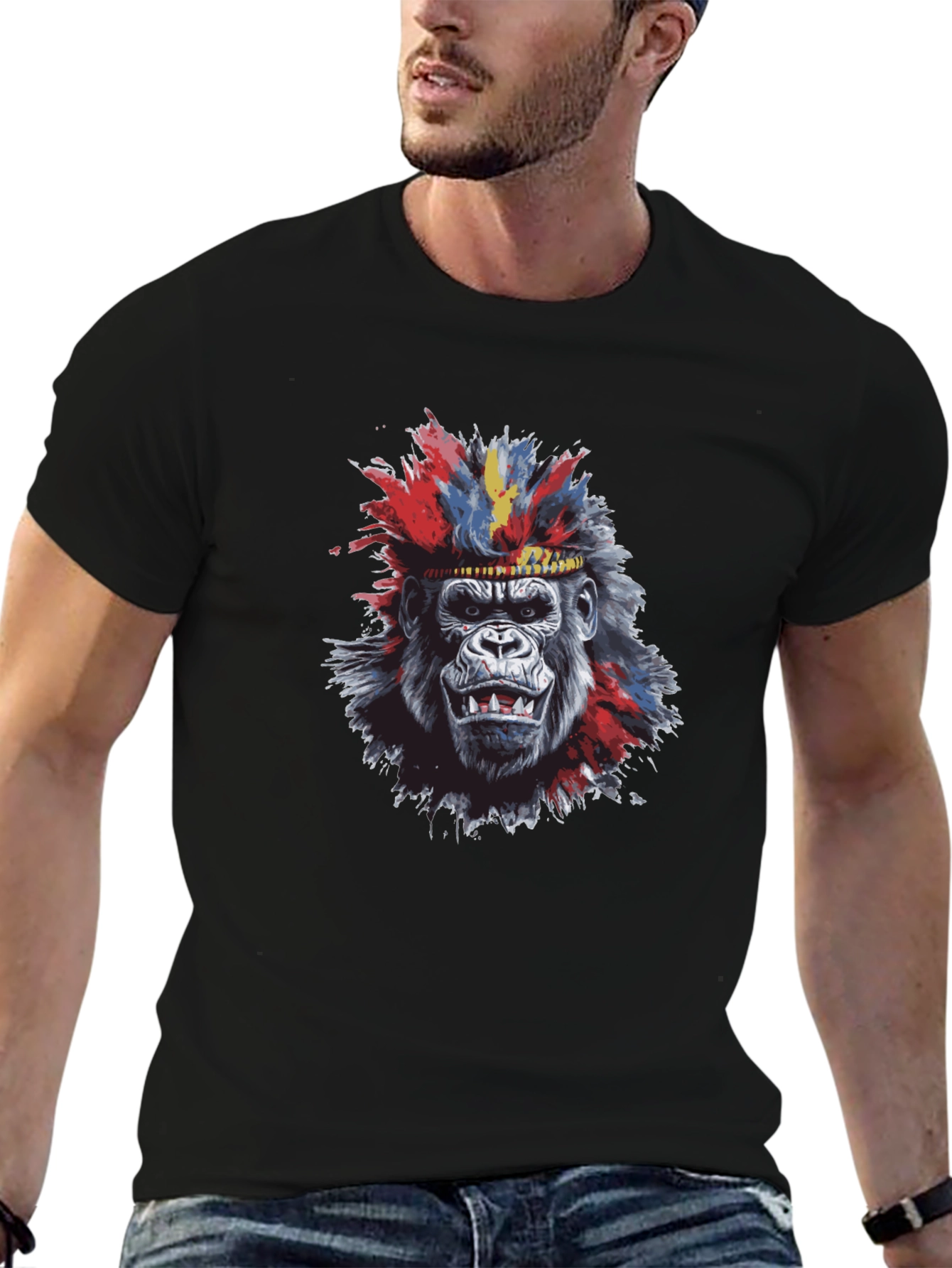 Cool Gorilla Tee: Tribal Headdress Design