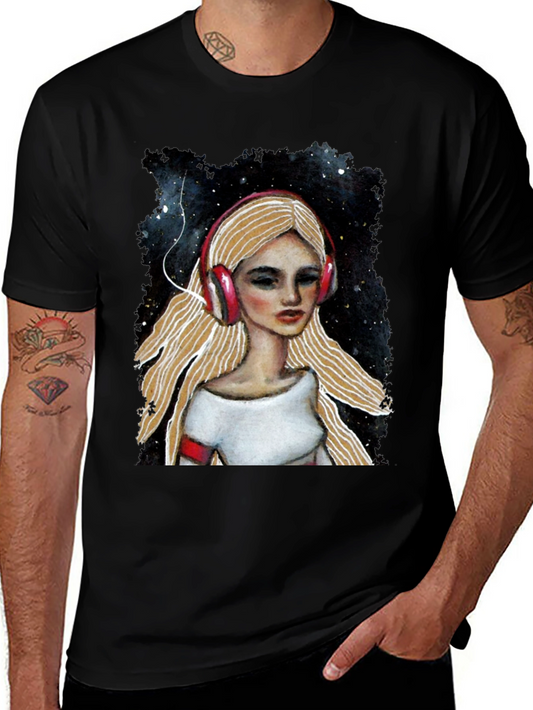 Headphones Girl Black T-Shirt