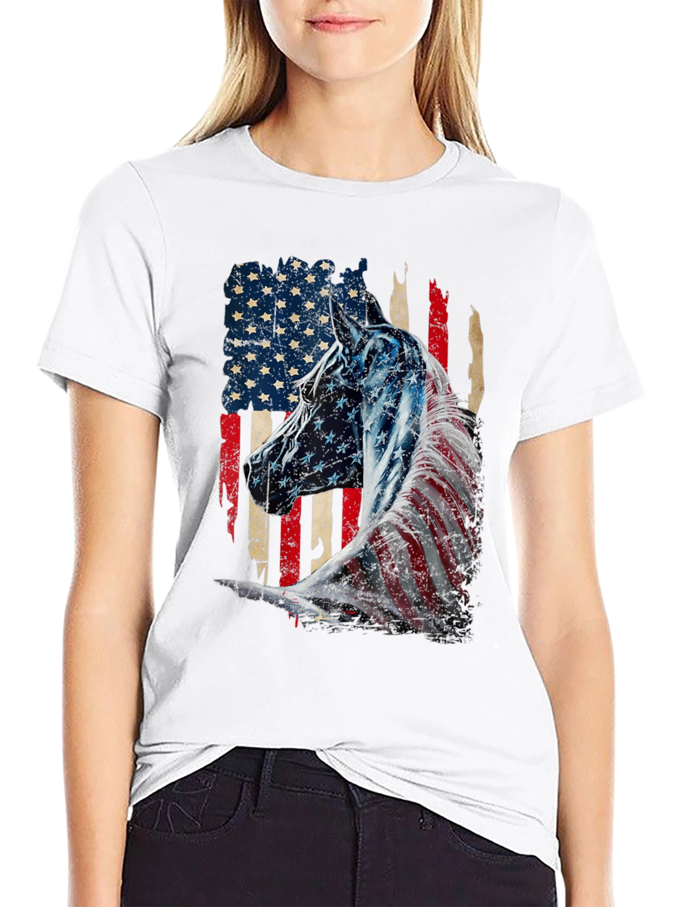 American Flag Horse Graphic Tee - Patriotic Style