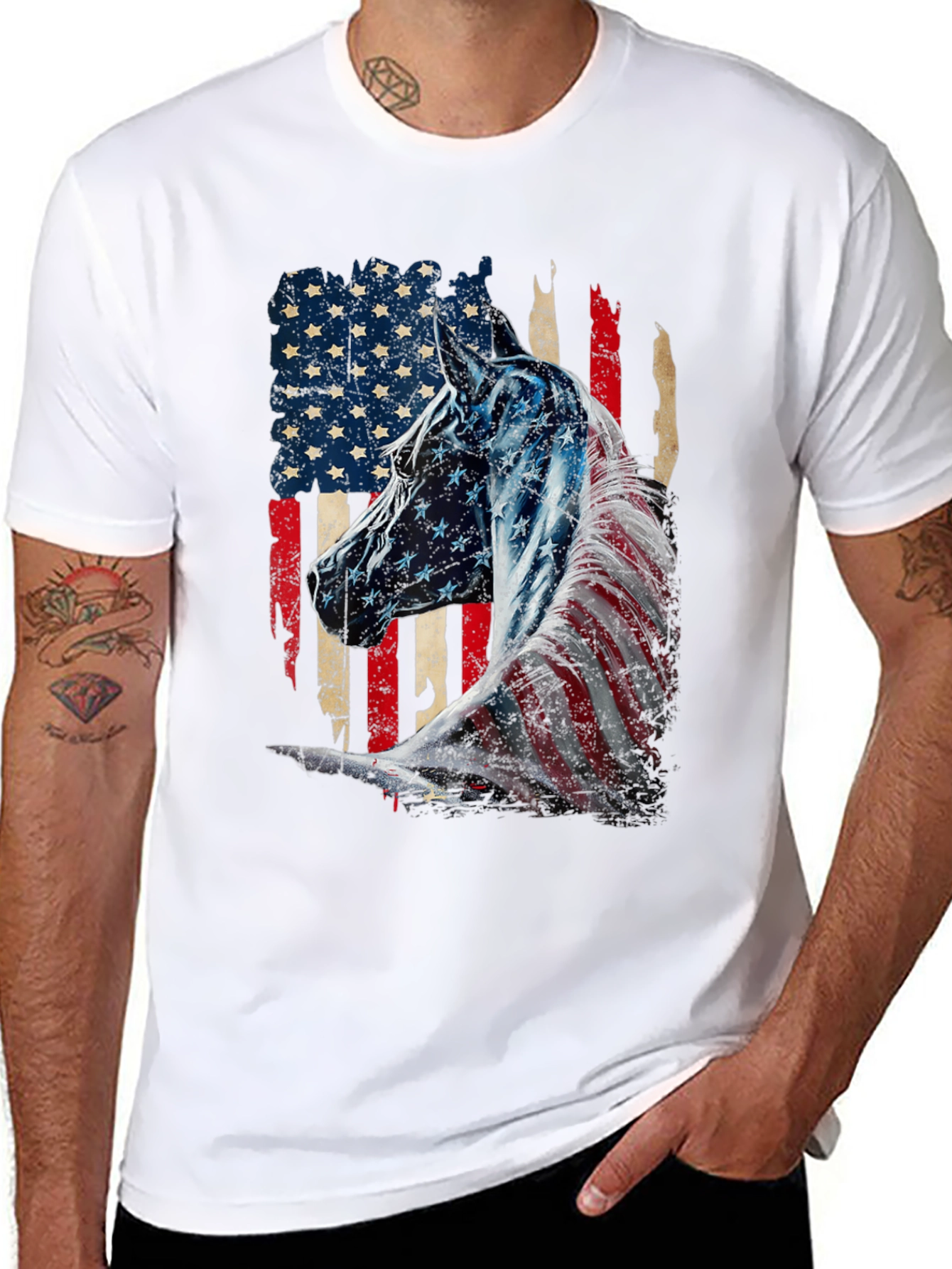 American Flag Horse Graphic Tee - Patriotic Style
