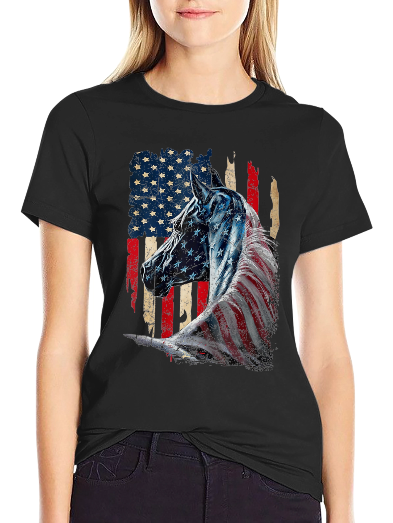 American Flag Horse Graphic Tee - Patriotic Style