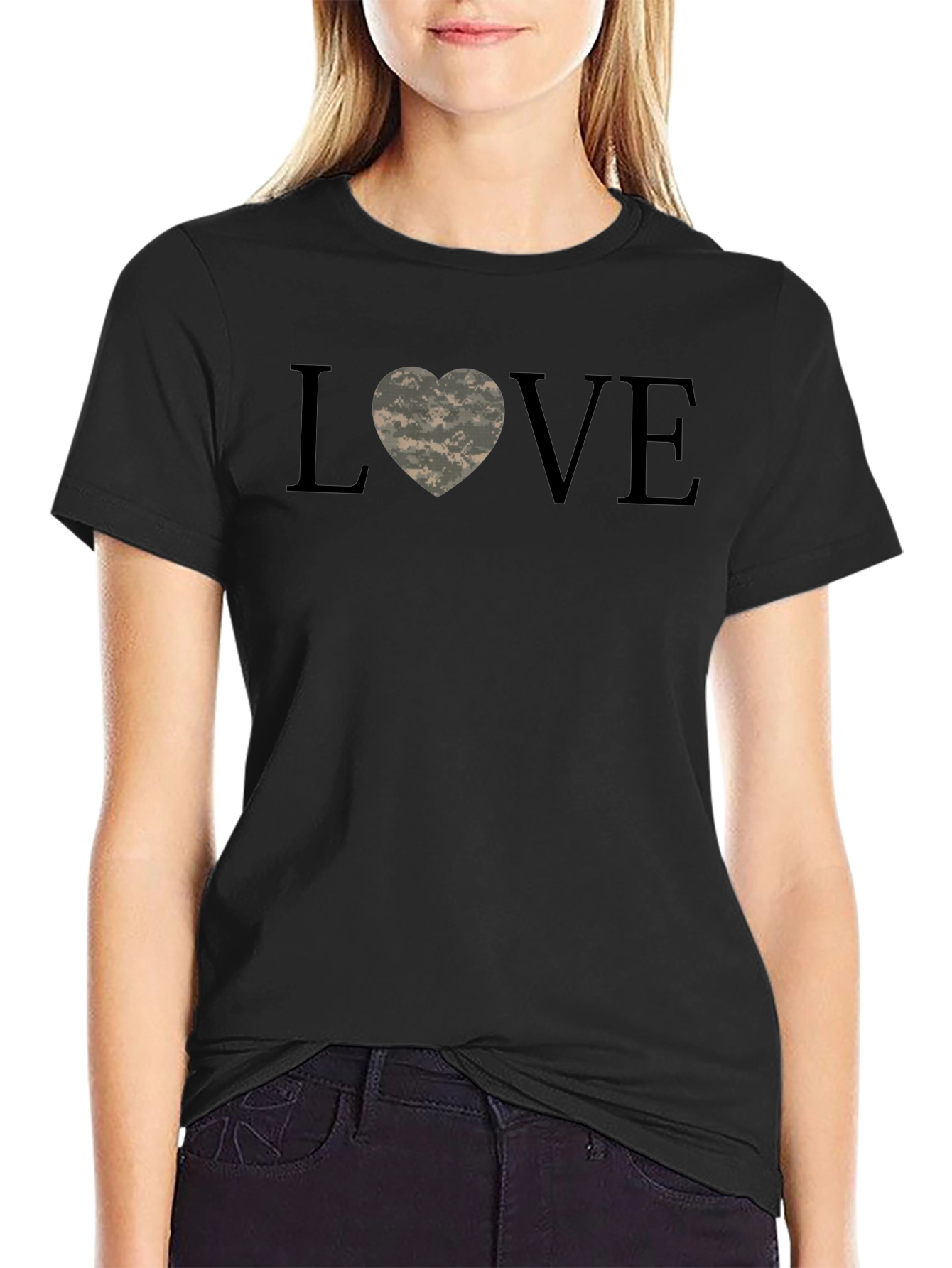 Love Heart Camo Print Black T-Shirt