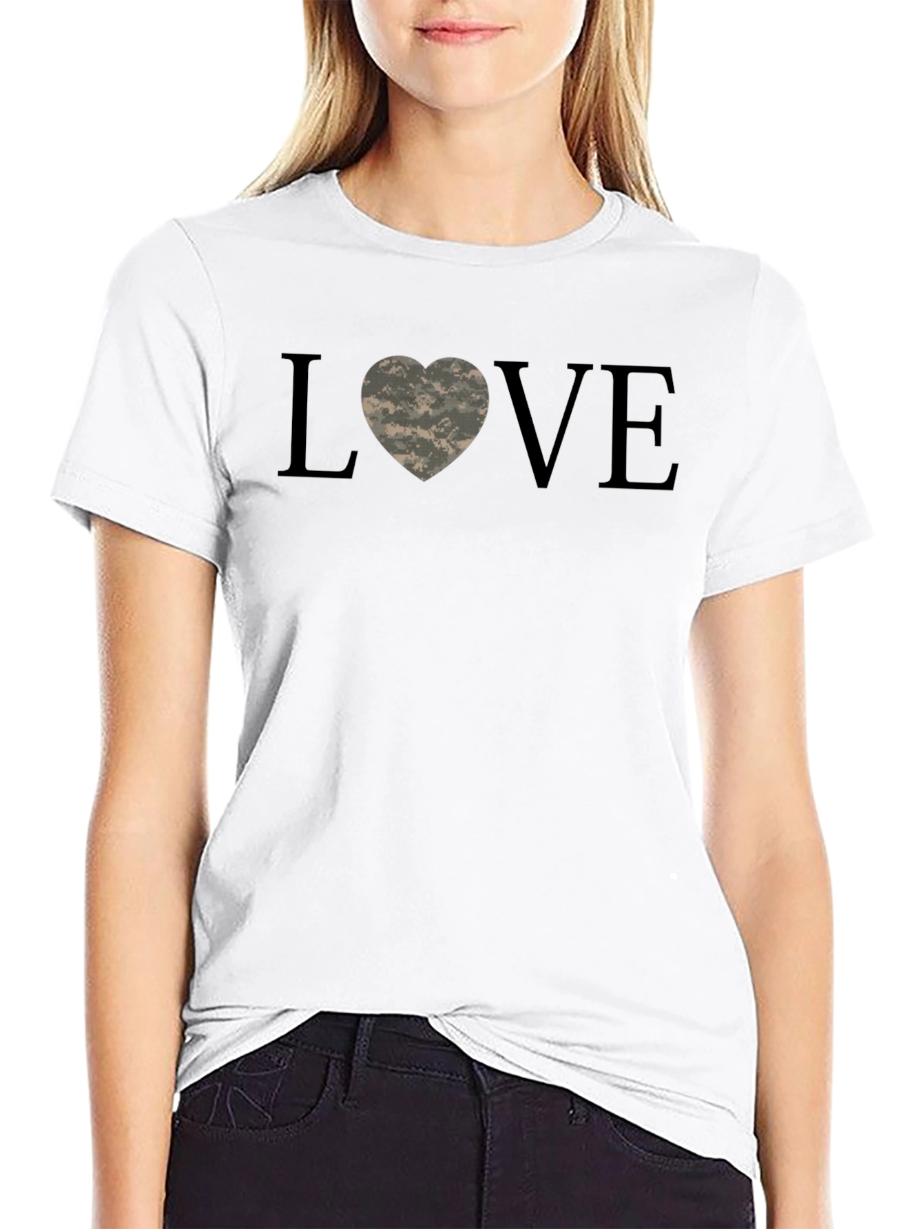 Love Heart Camo Print Black T-Shirt
