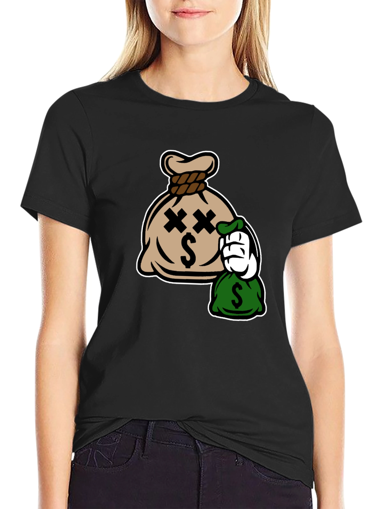Cartoon Money Bag Black T-Shirt