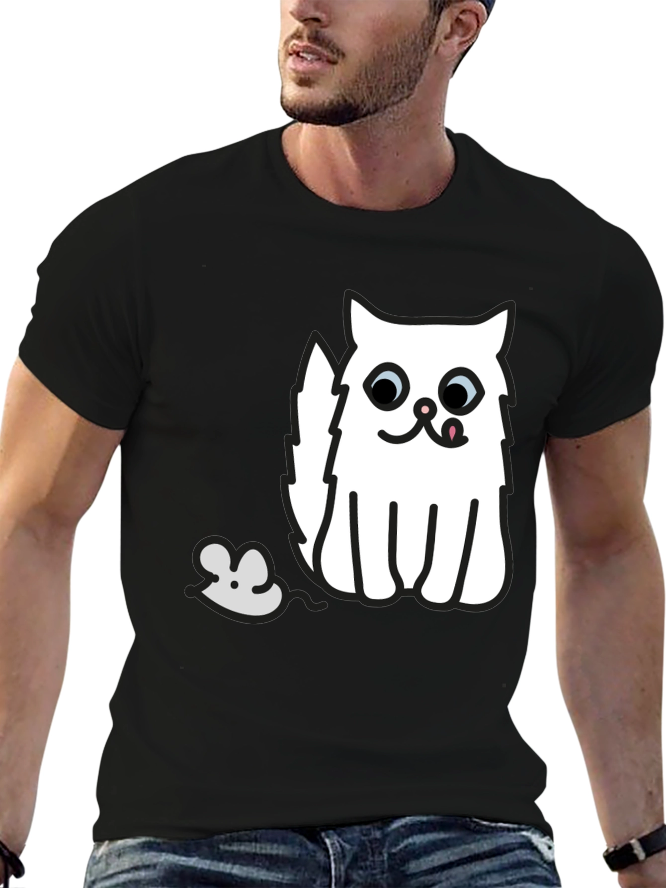 Black T-Shirt with Cat and Mouse Graphic