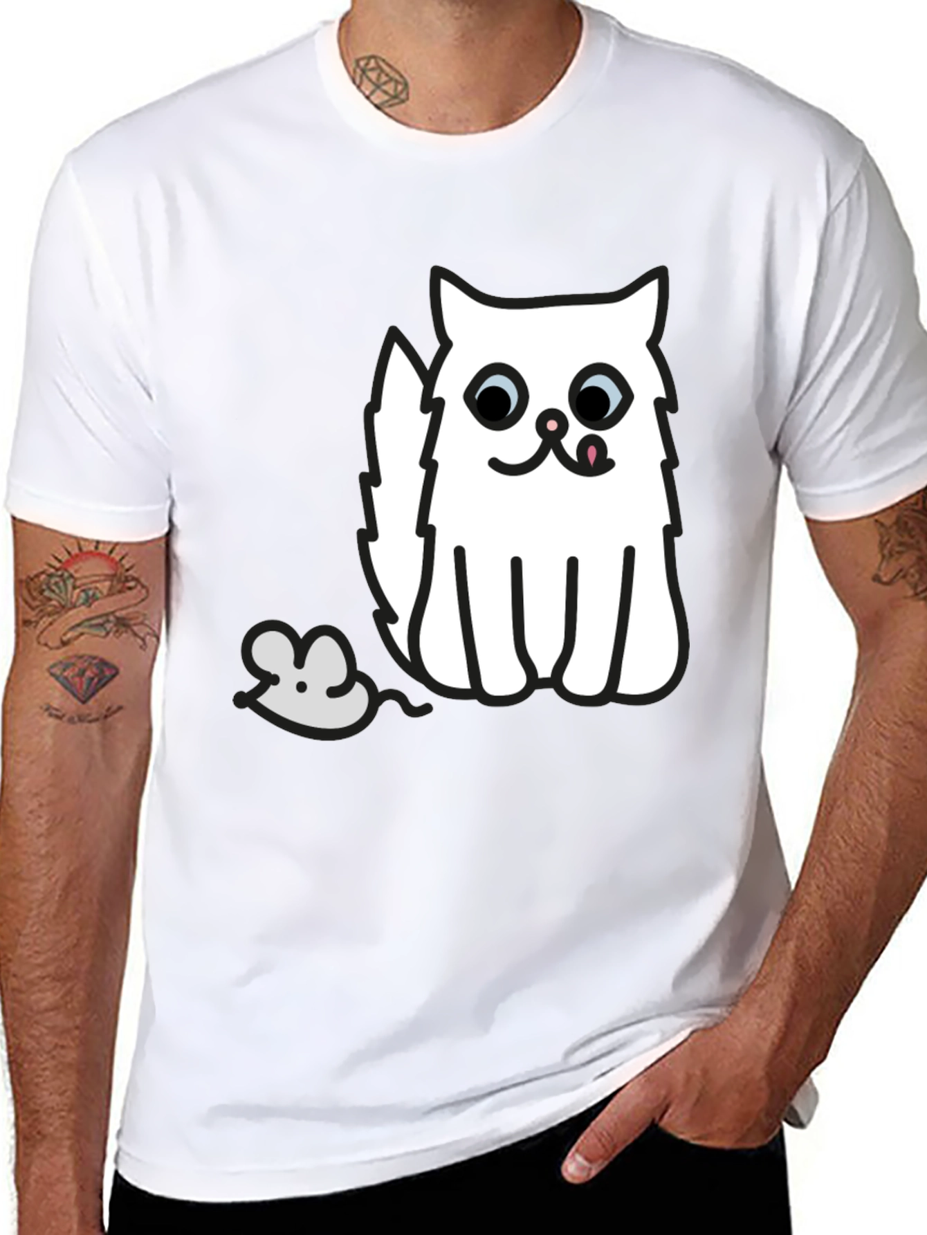 Black T-Shirt with Cat and Mouse Graphic